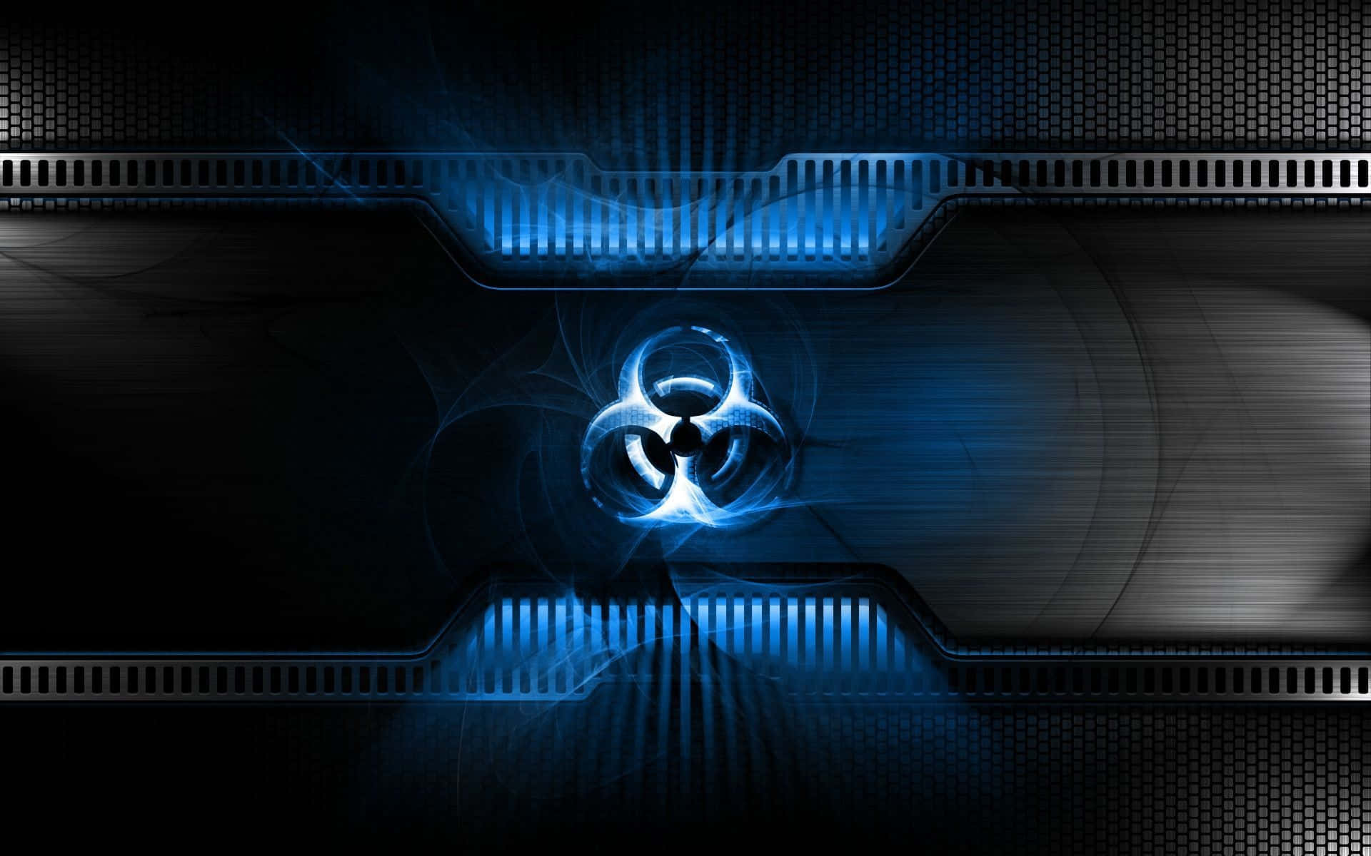 glowing blue biohazard symbol, dark metallic interface, radiant light streaks, Full HD Desktop Wallpaper