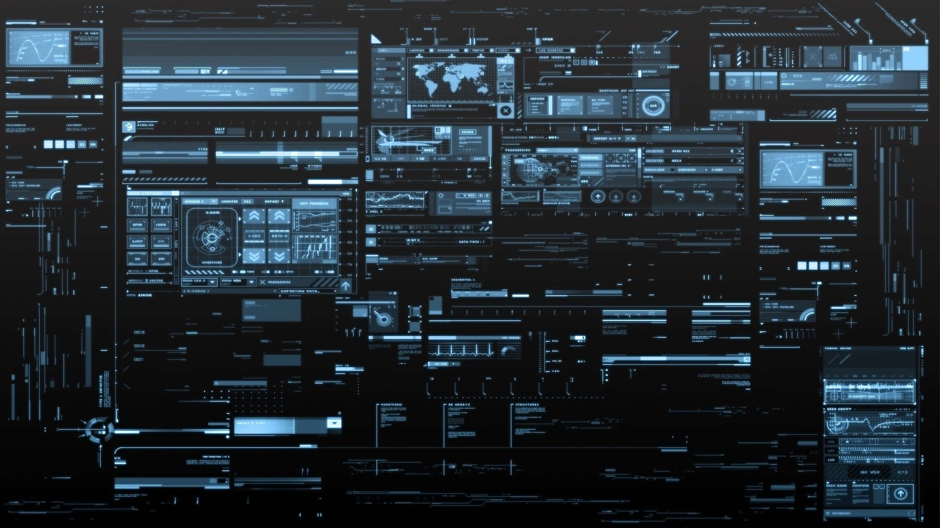 futuristic control room interface, glowing blue interfaces, global maps, Full HD Desktop Wallpaper