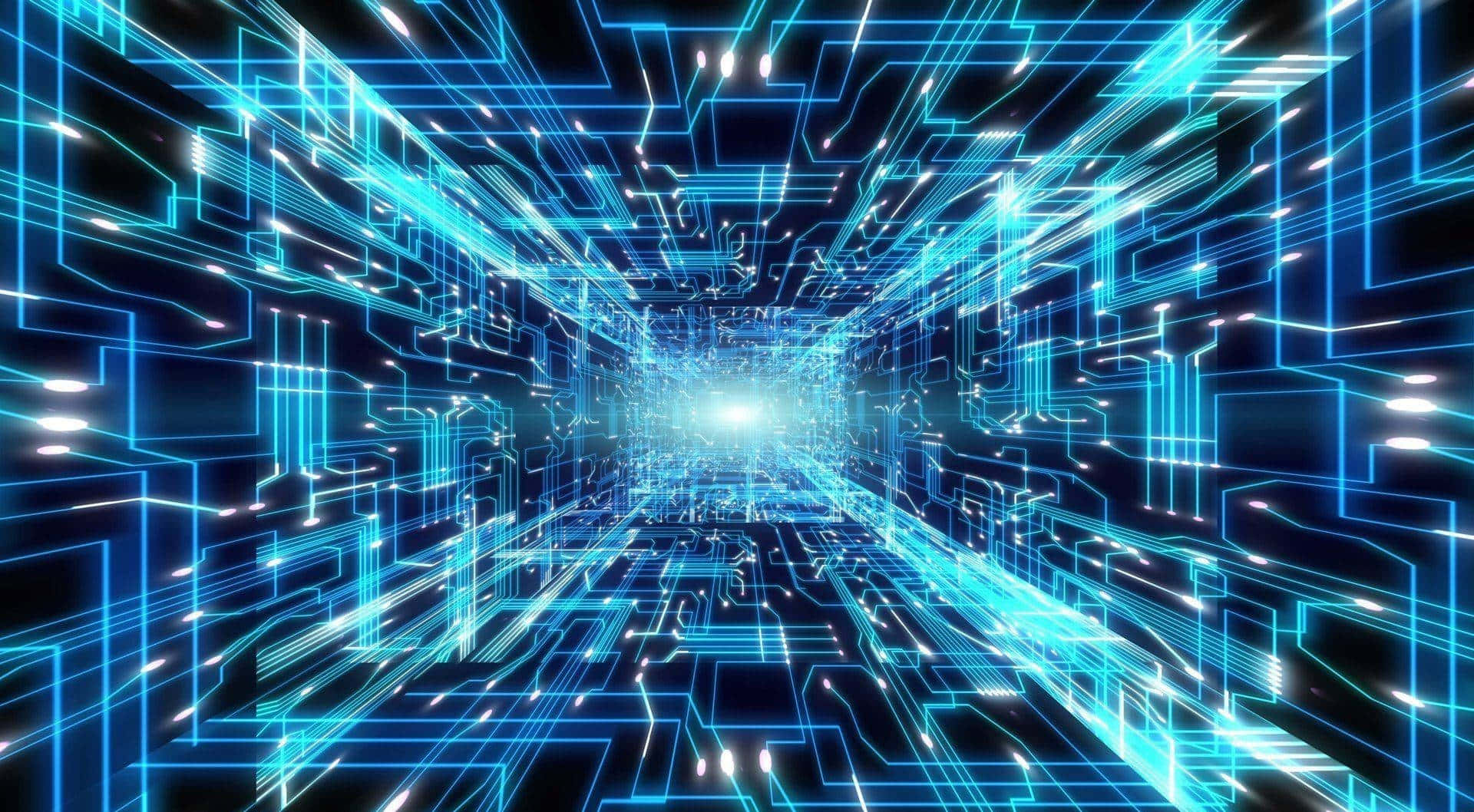 cybernetic data tunnel vision, glowing blue circuit board tunnel, bright light, Full HD Desktop Wallpaper
