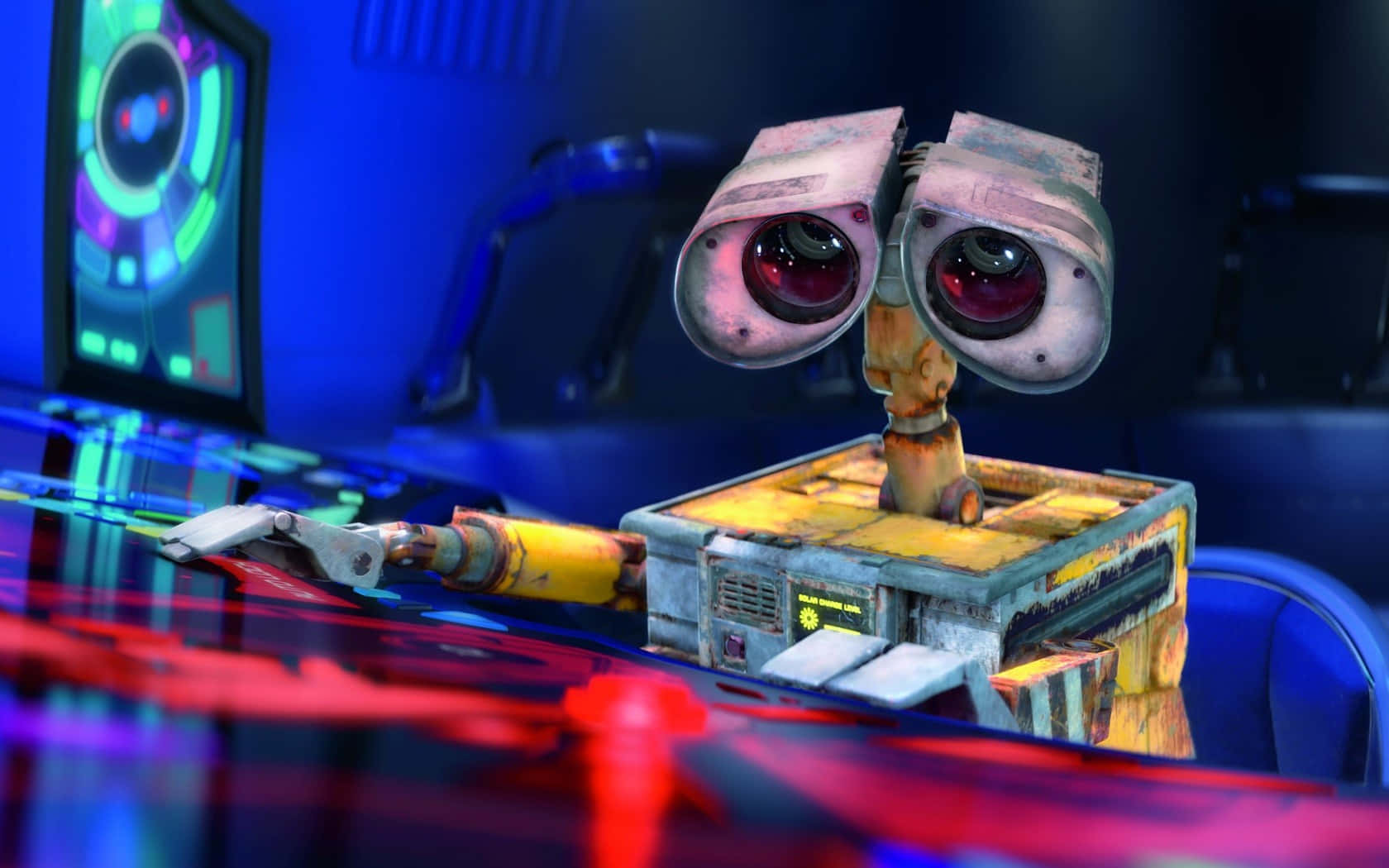 futuristic cockpit, glowing blue and red control panel, rusty animated robot, HD Desktop Wallpaper