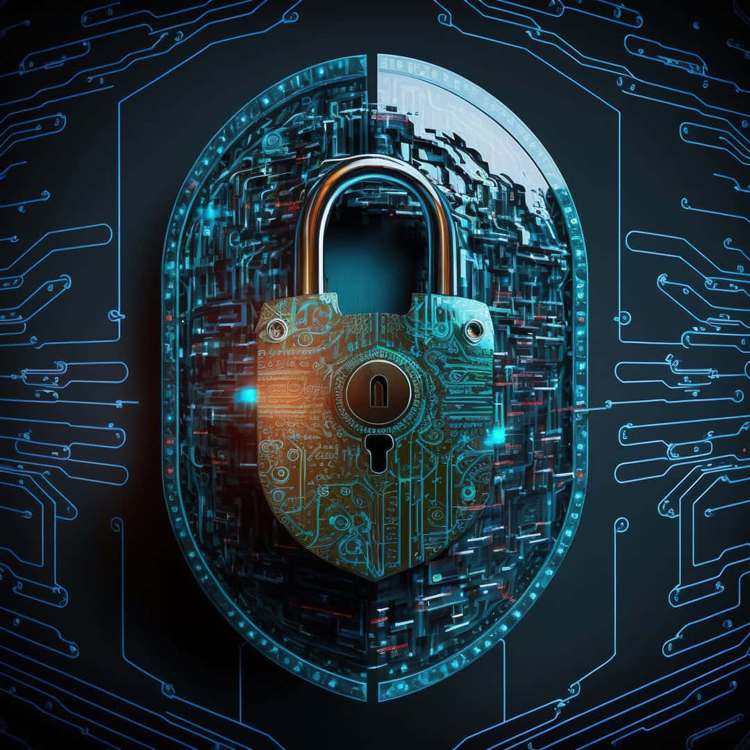 cybersecurity digital lock, glowing brass padlock, circuit board, SD Desktop Wallpaper