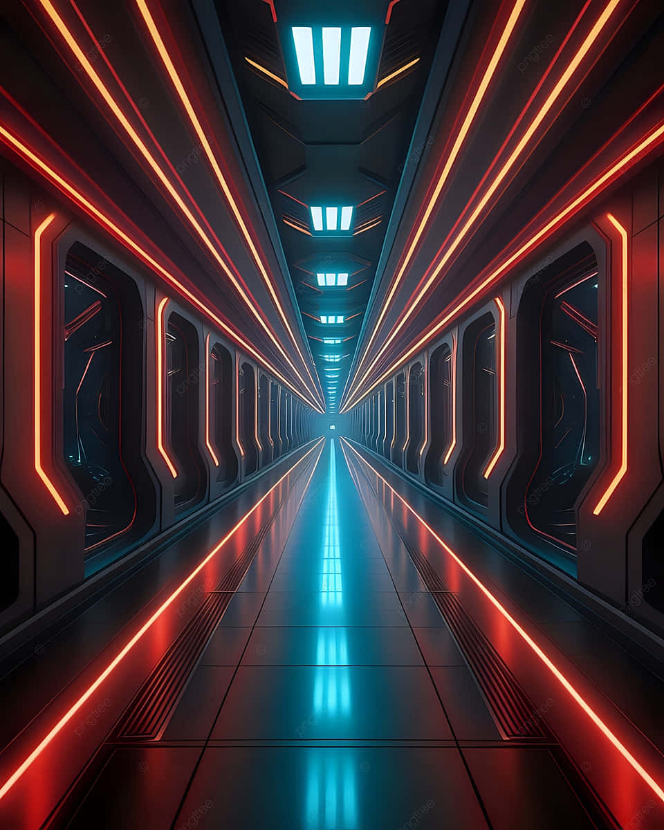 futuristic spaceship corridor, glowing red and blue neon lights, metallic walls, SD Phone Wallpaper