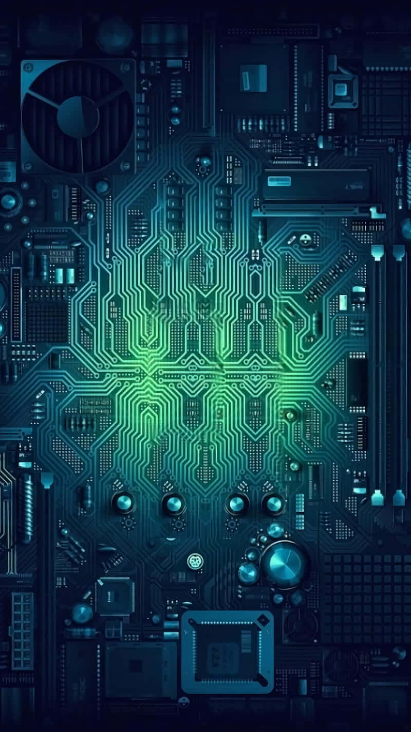 circuit board, glowing green pathways, central core, HD Phone Wallpaper