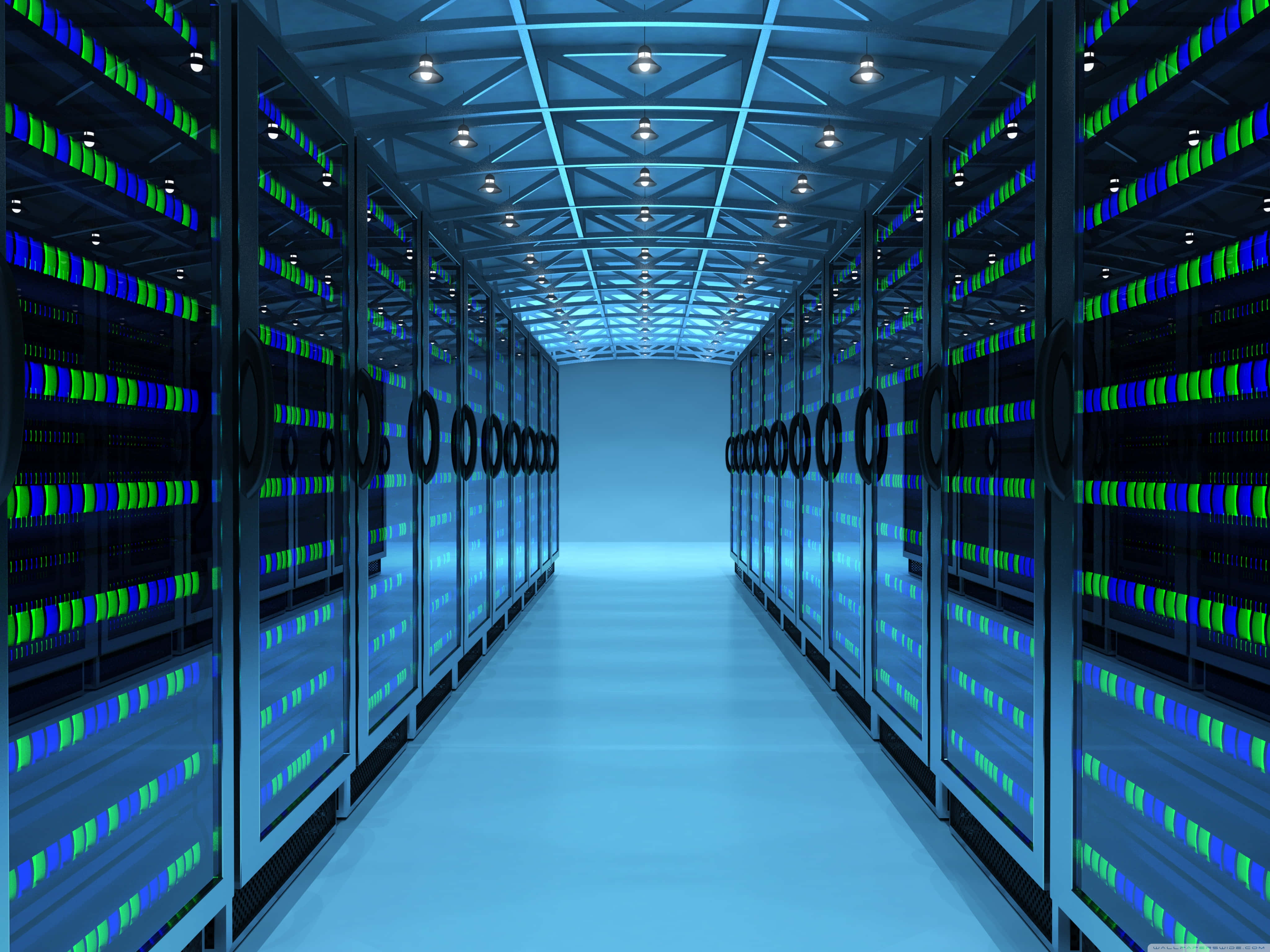 high tech data servers, server racks, glowing blue and green lights, 4K Desktop Wallpaper