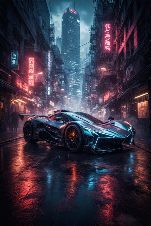 cyberpunk alleyway, neon-drenched, rain-slicked, SD Phone Wallpaper