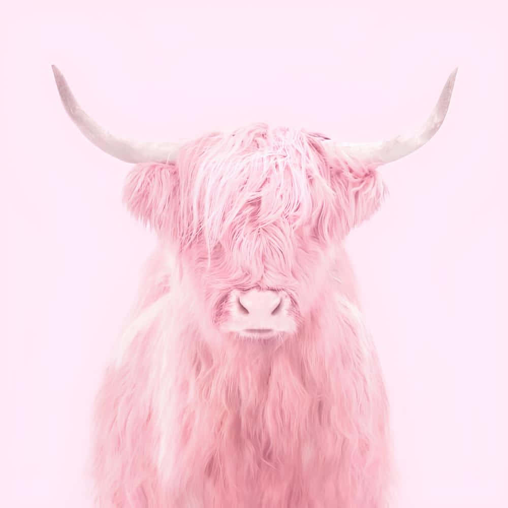 pink highland cow, long shaggy fur, curved horns, SD Desktop Wallpaper