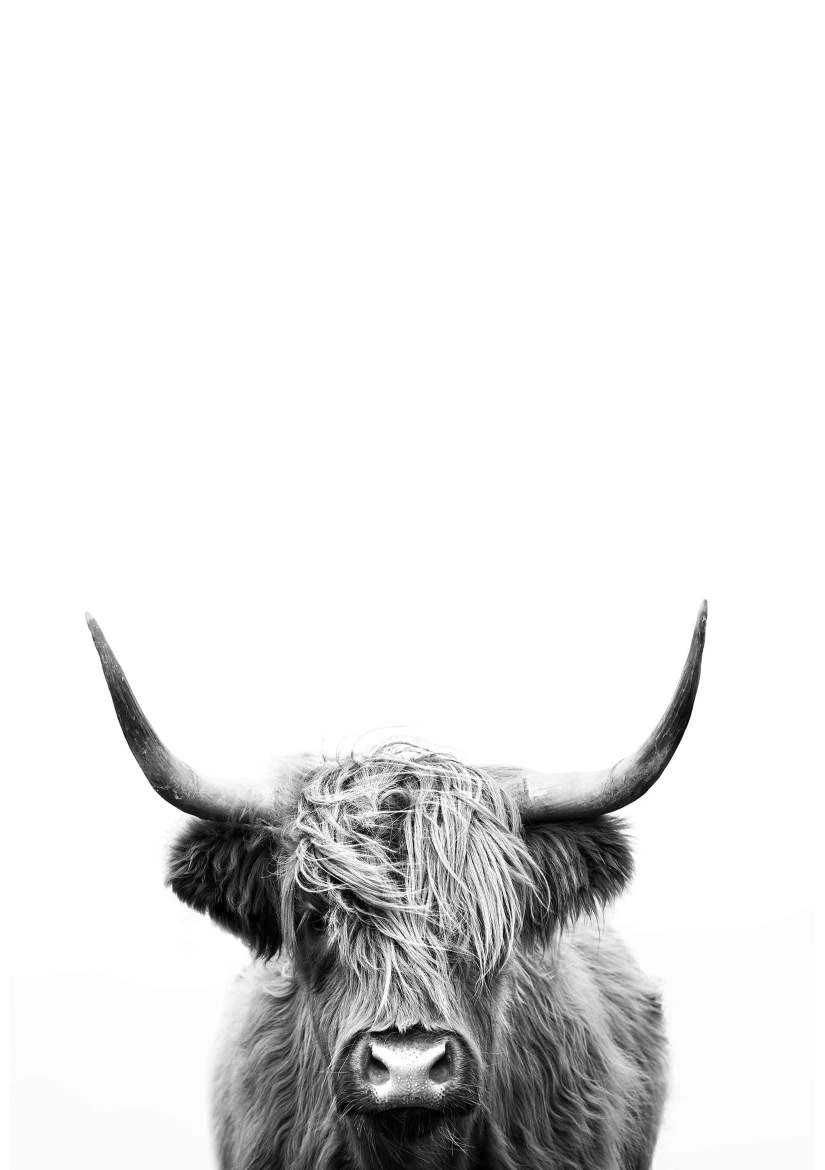 Highland Cow, monochrome, black and white portrait, Full HD Phone Wallpaper
