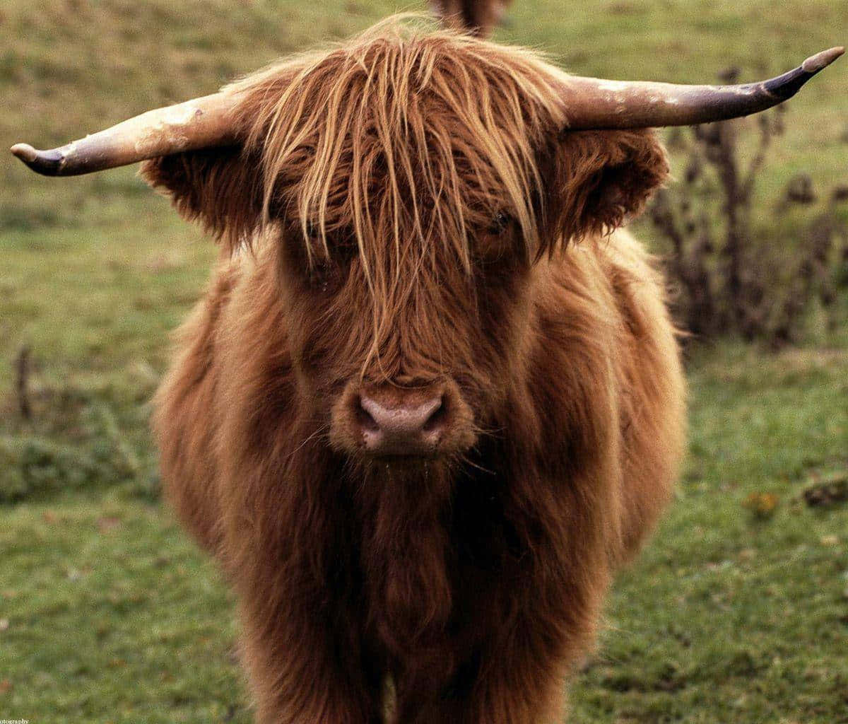 Highland cow, long shaggy brown fur, curved horns, SD Desktop Wallpaper
