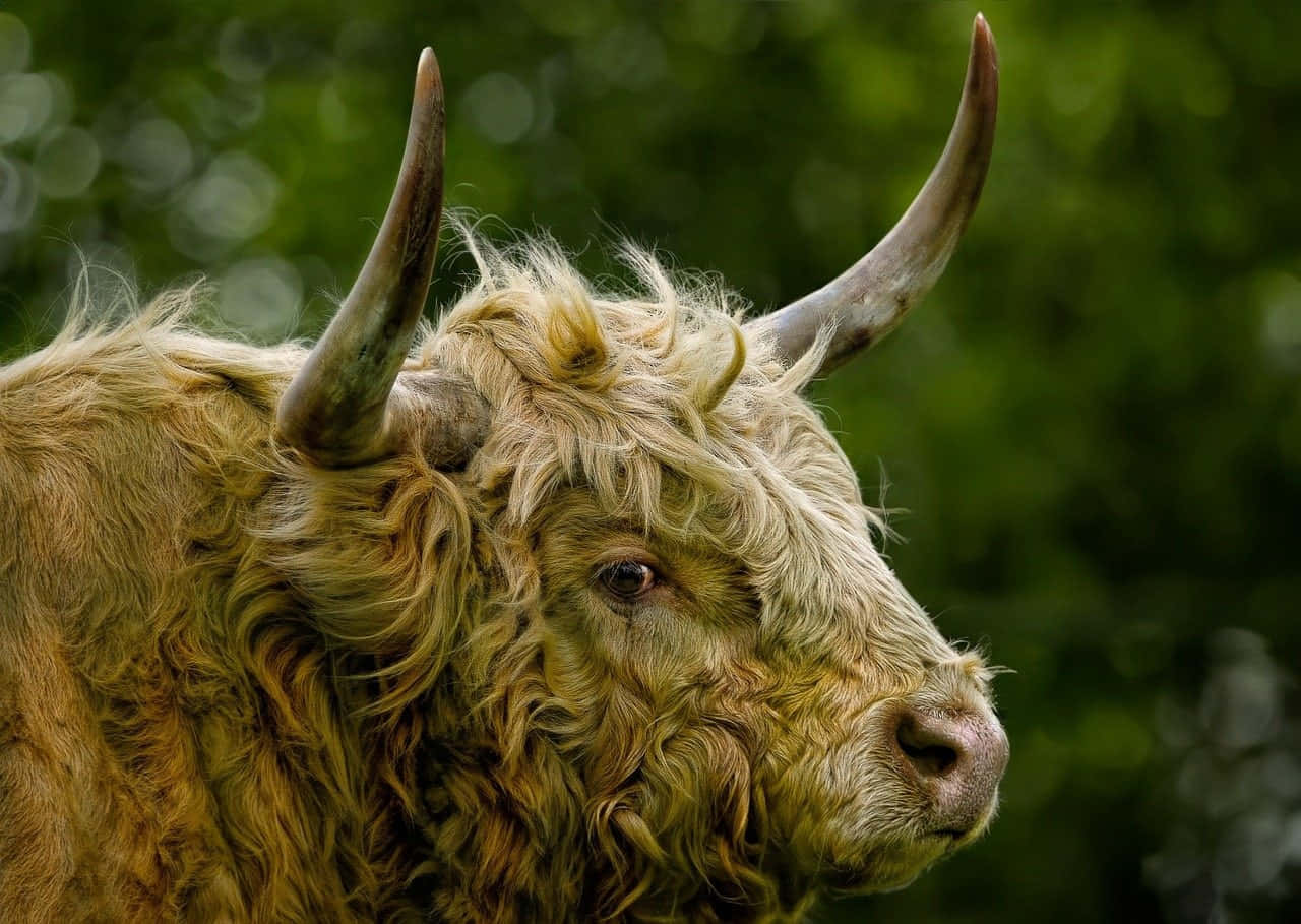 golden highland cow, long shaggy fur, curved horns, HD Desktop Wallpaper