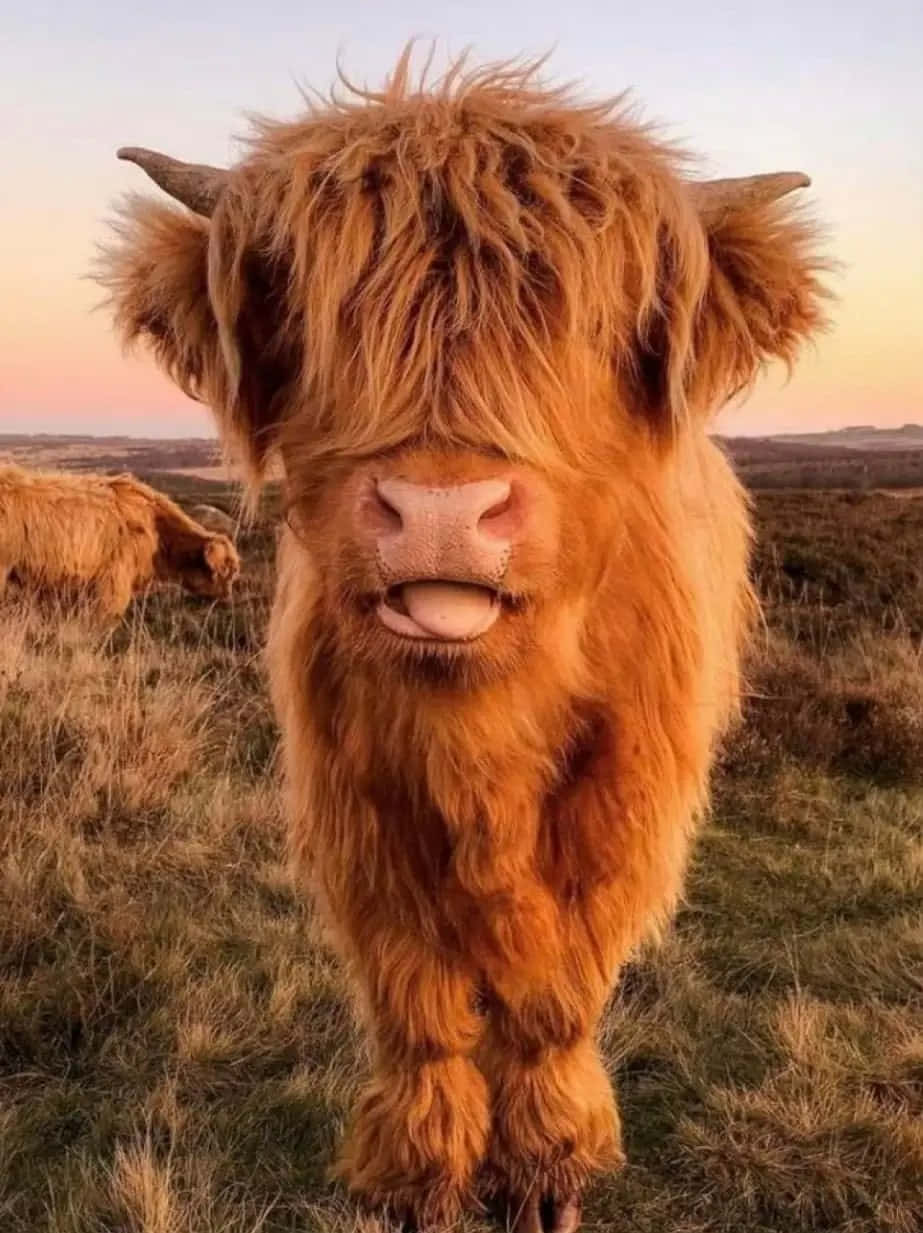 Highland Cow, sunset, grassy field, SD Phone Wallpaper