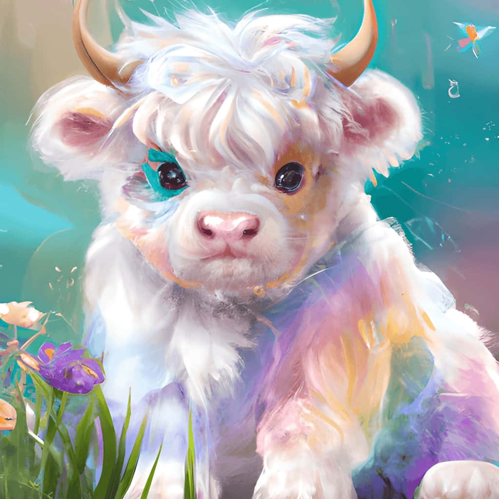 colorful highland calf illustration, fluffy white calf, golden horns, SD Desktop Wallpaper
