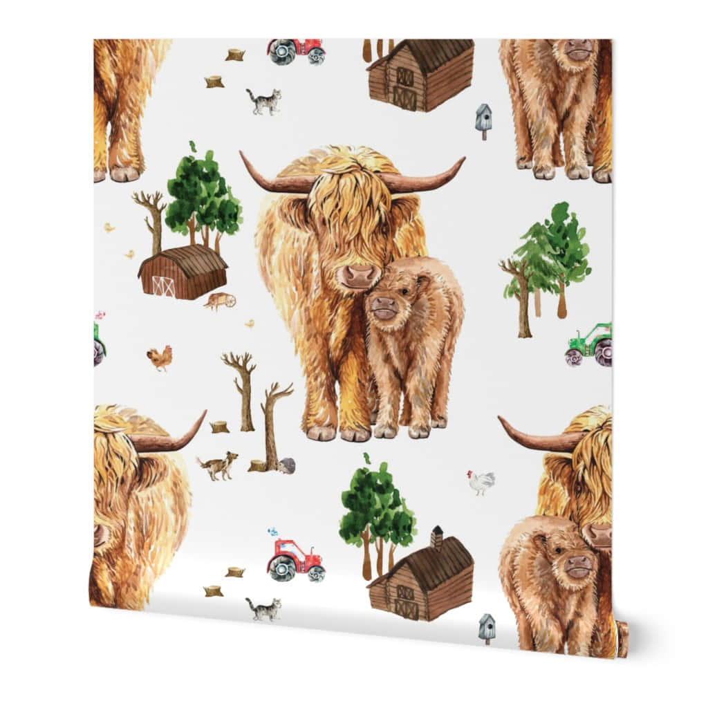 Highland Cow, farm pattern, barns, SD Desktop Wallpaper