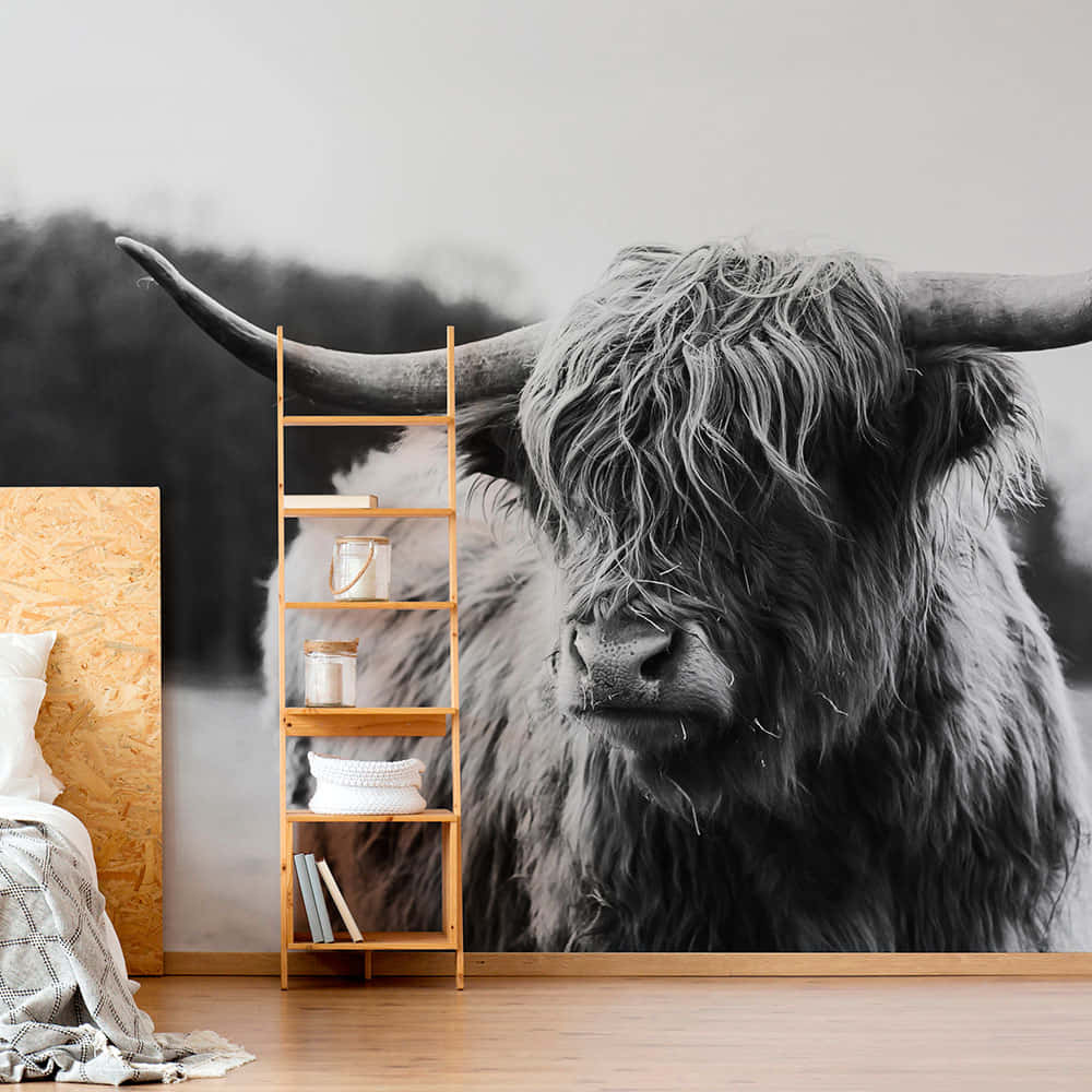 Highland cow, black and white mural, bedroom wall, SD Desktop Wallpaper