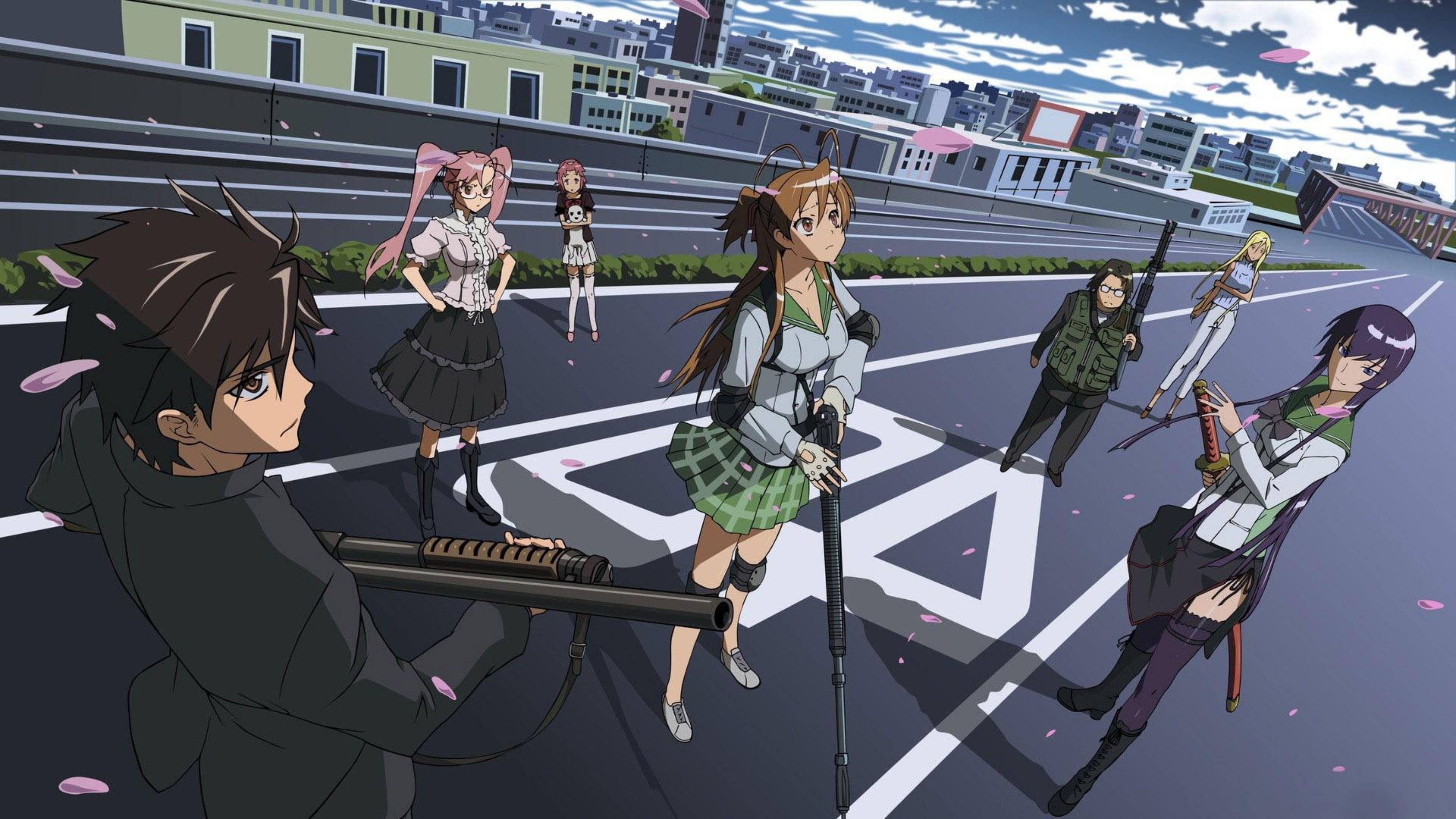 Highschool Of The Dead, anime characters, city rooftop, 4K Desktop Wallpaper