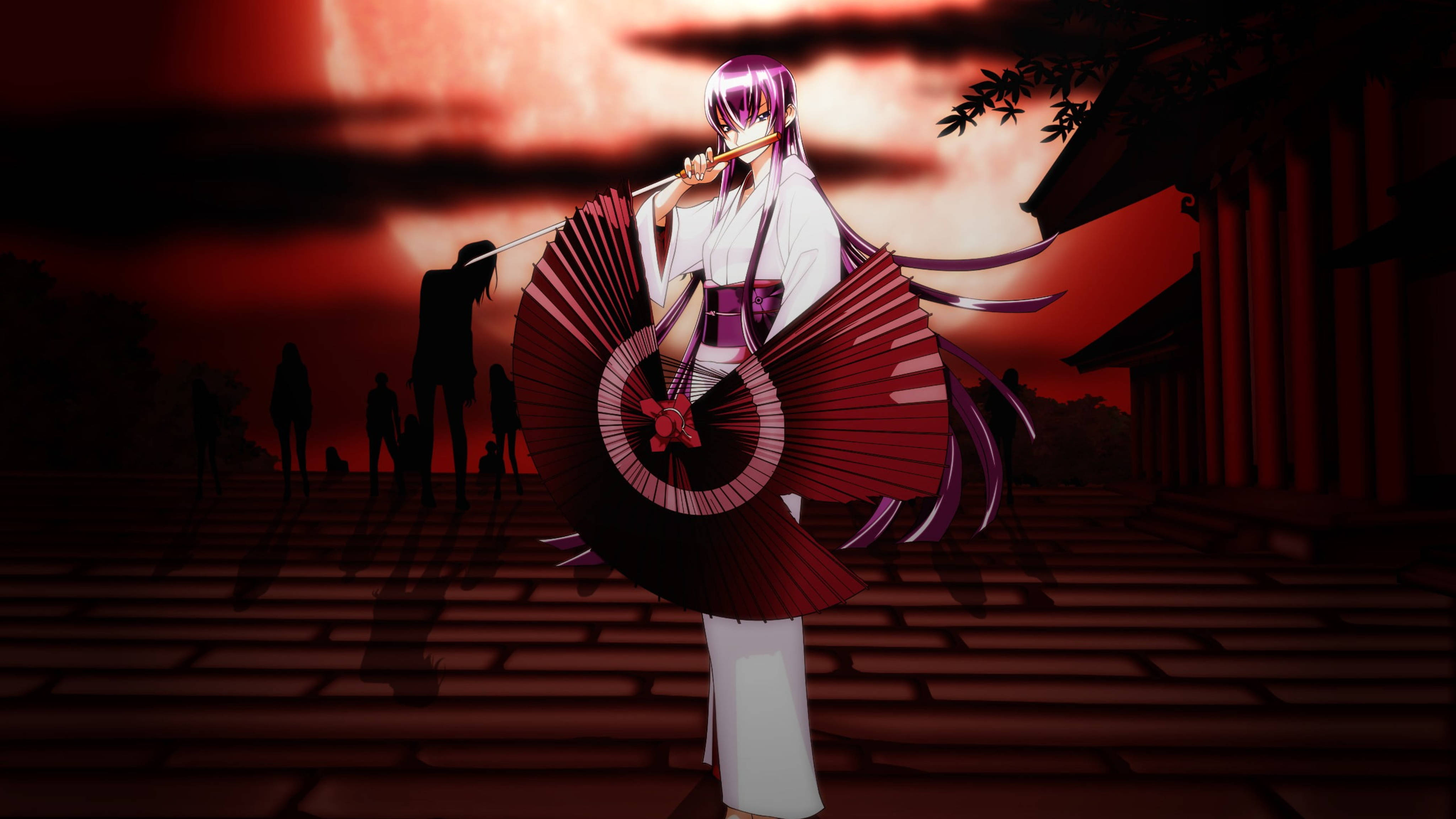 Highschool Of The Dead, purple-haired anime girl, white kimono, 4K Desktop Wallpaper