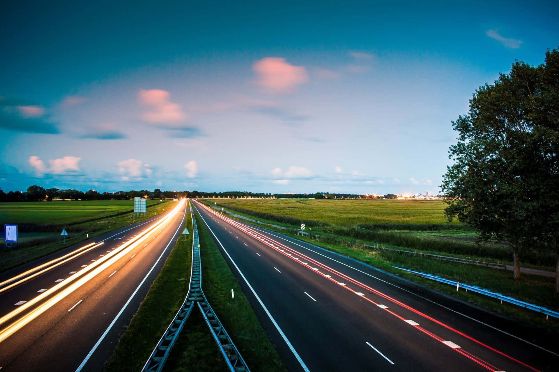 highway, two converging roads, car lights, Full HD Desktop Wallpaper