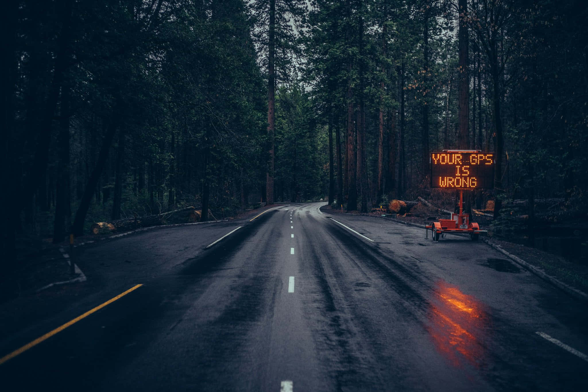 highway, dark forest road, glowing orange sign, Full HD Desktop Wallpaper