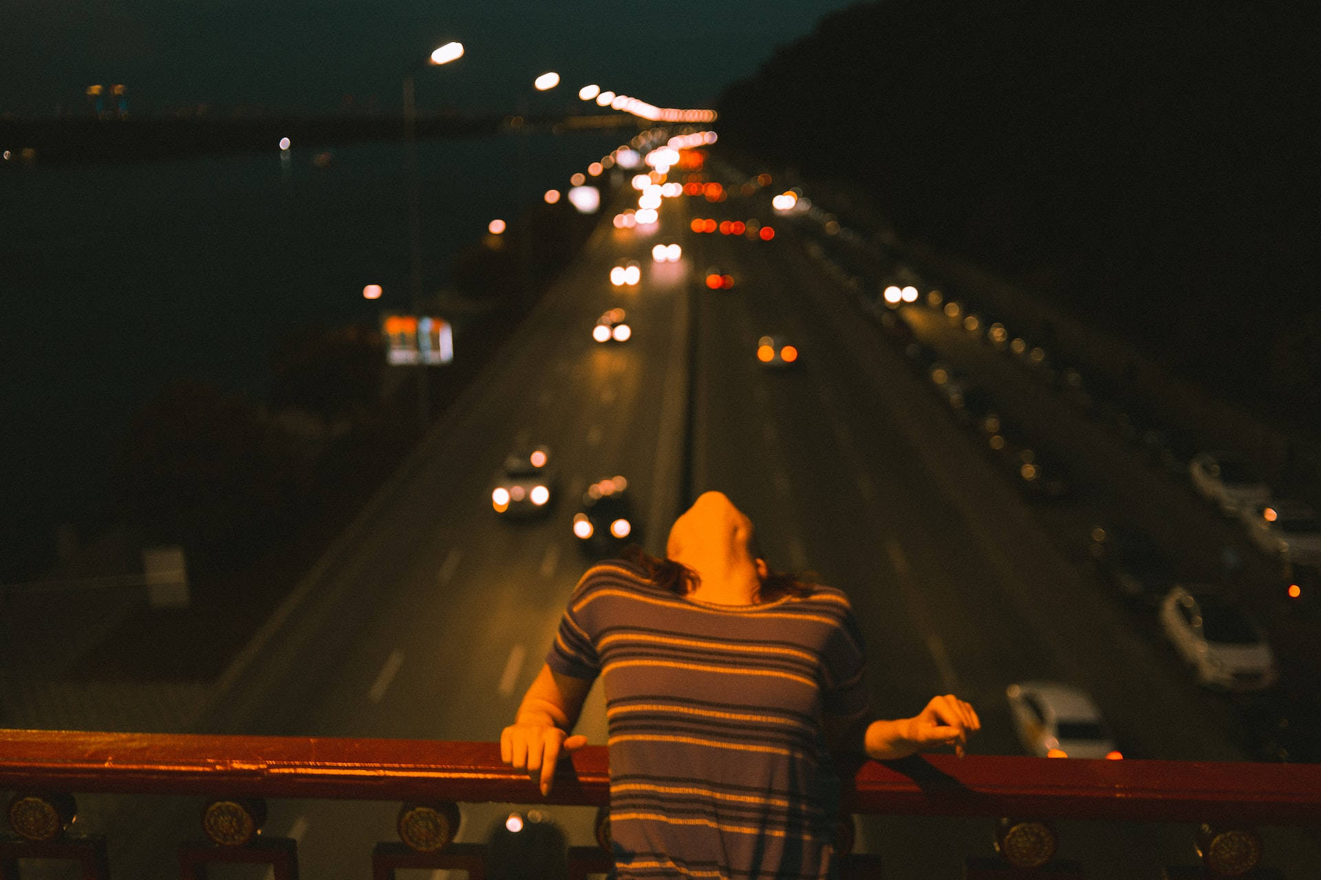 Night, highway, glowing car lights, Full HD Desktop Wallpaper