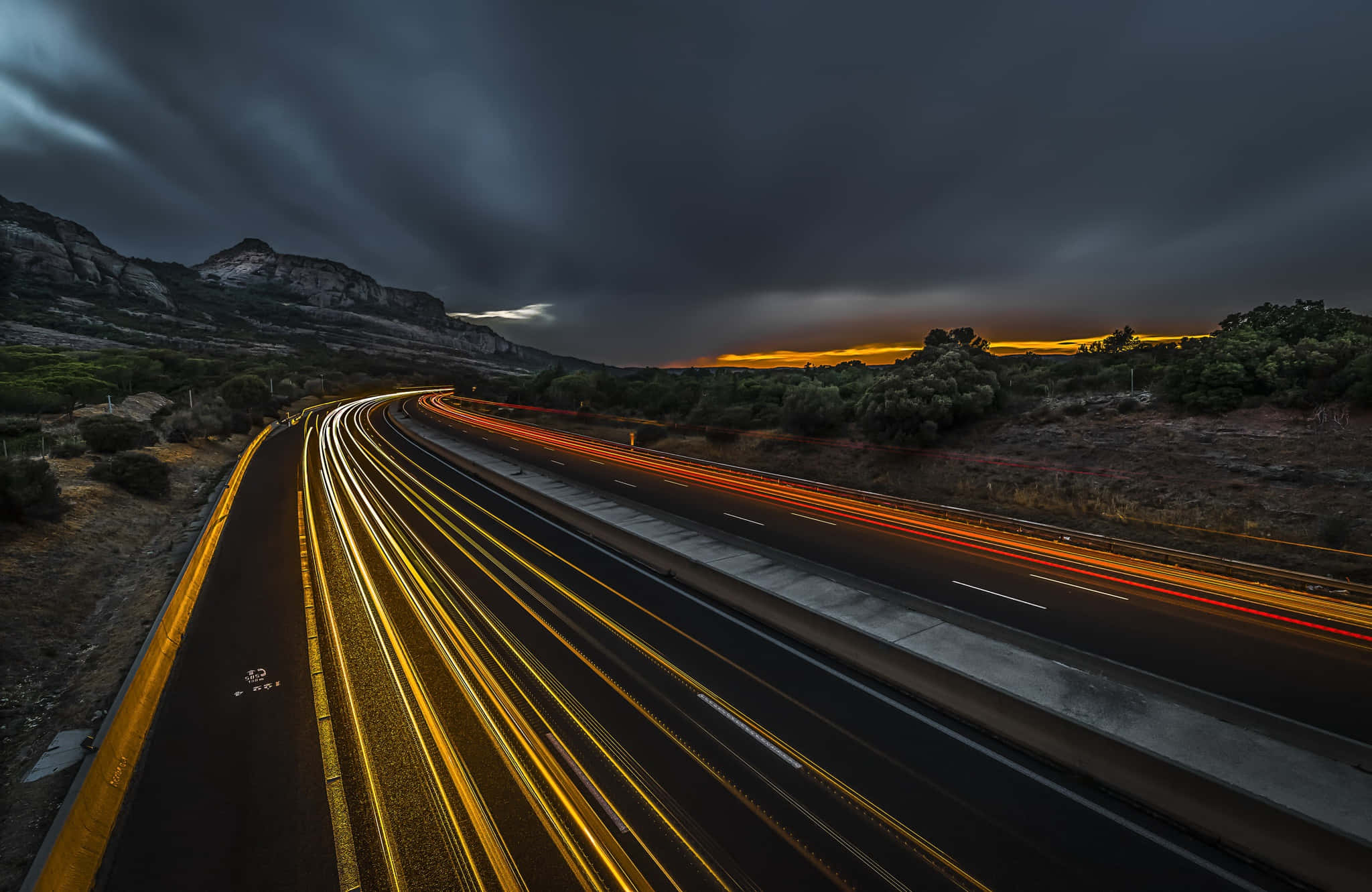 highway, car lights, mountainous landscape, Full HD Desktop Wallpaper