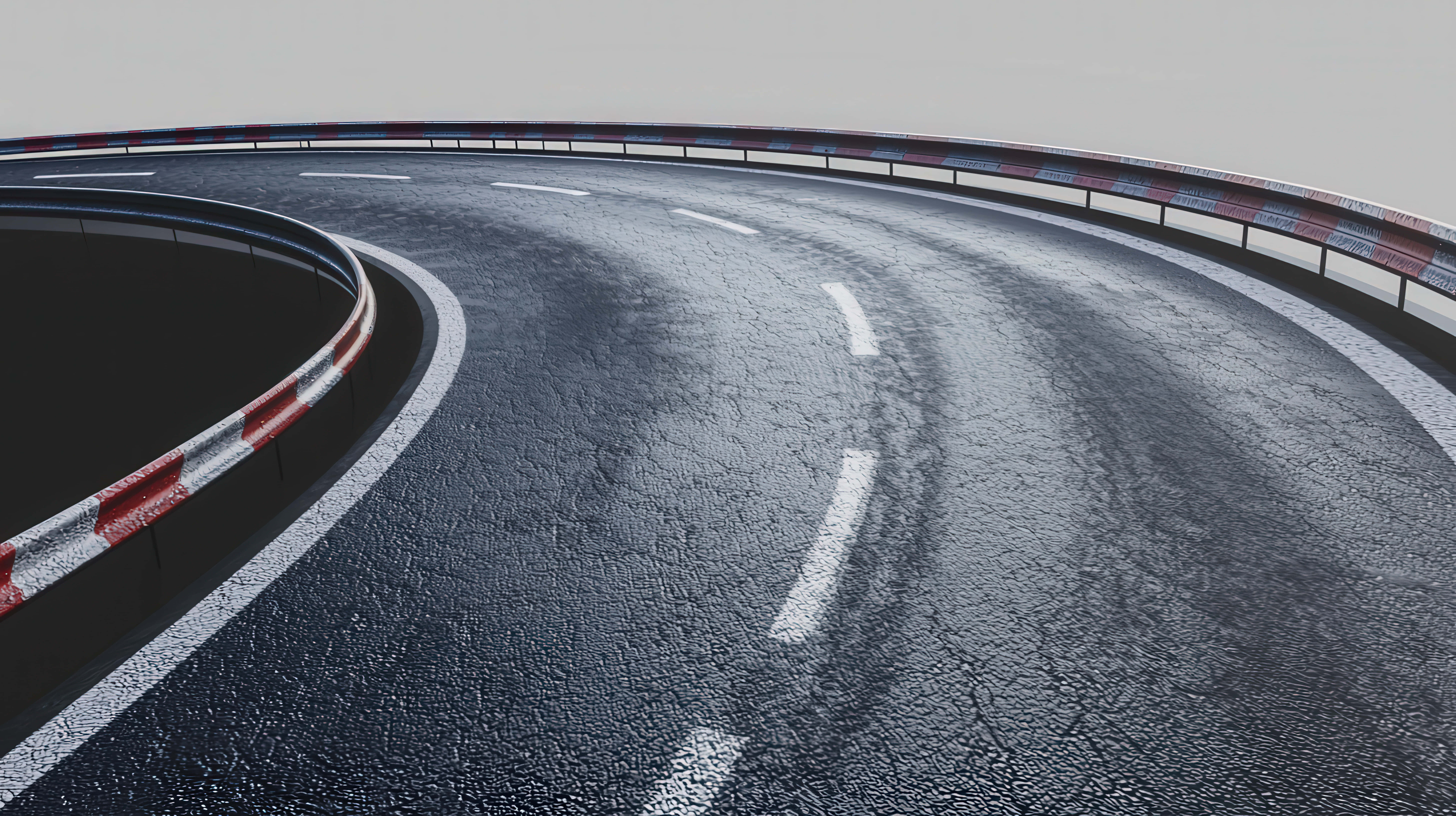 winding asphalt road, sharp curve, red and white safety barriers, 8K Desktop Wallpaper