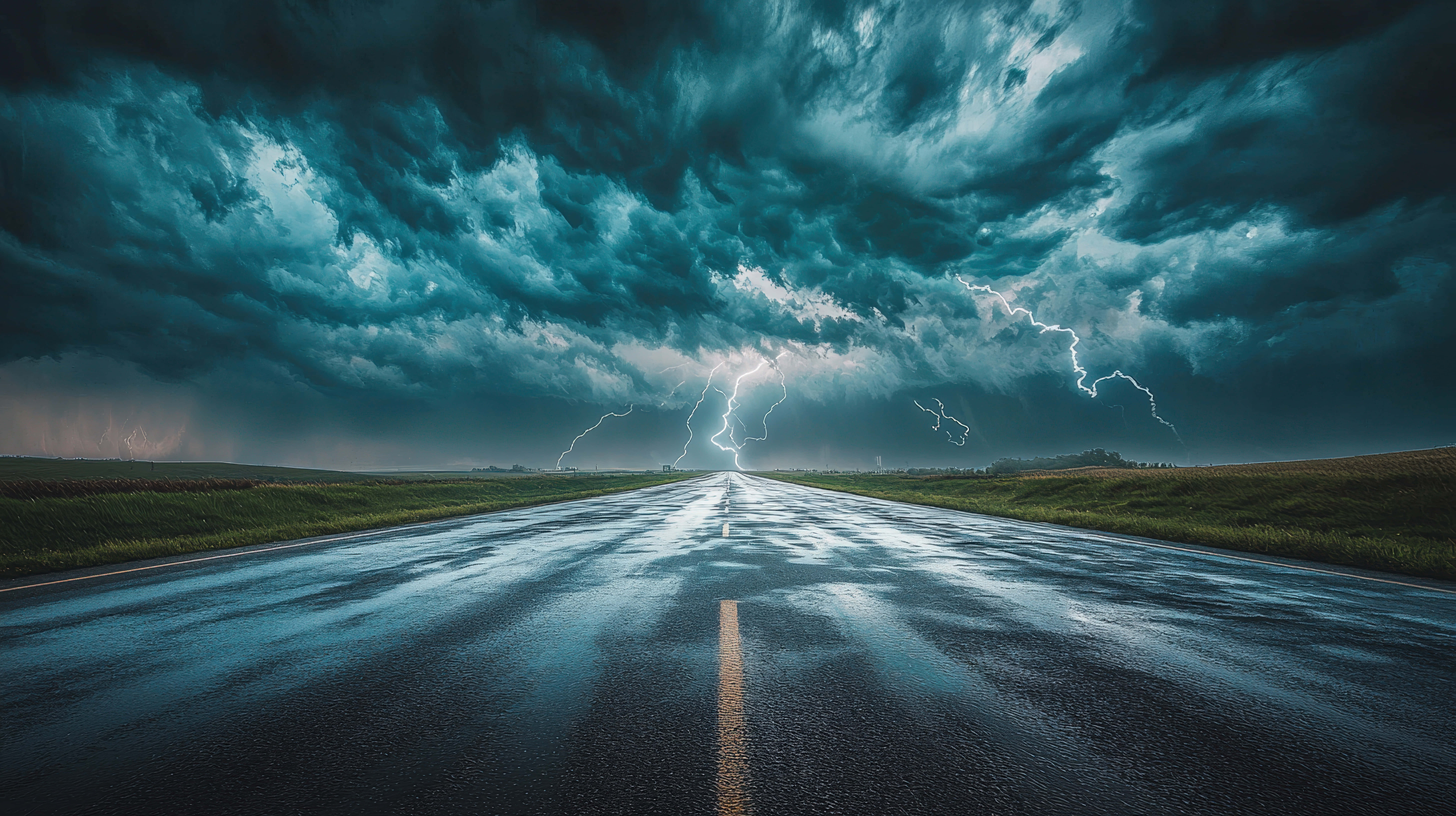 wet asphalt road, stormy sky, vivid lightning, 8K Desktop Wallpaper