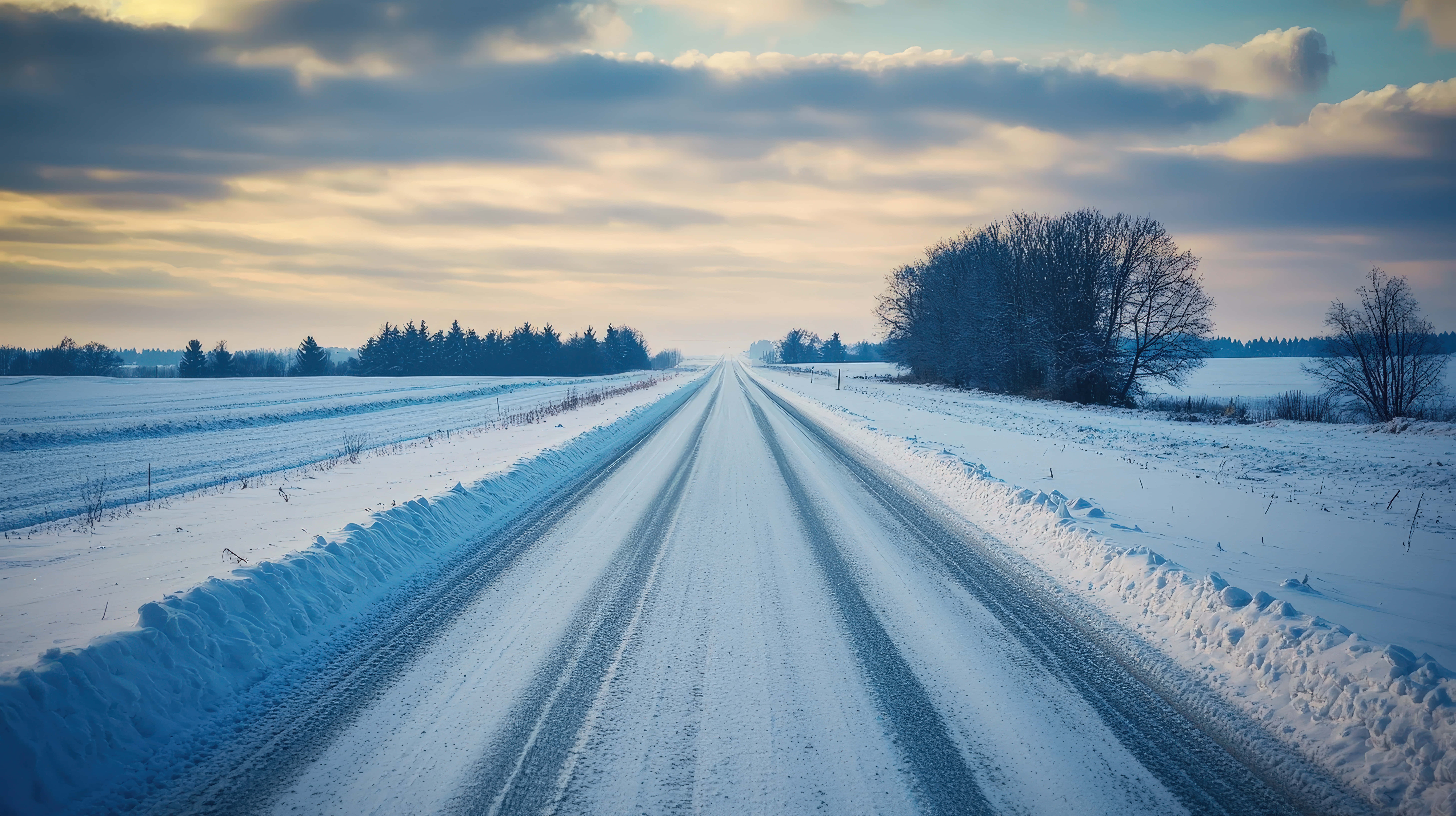snow-covered rural road, horizon, winter sky, 8K Desktop Wallpaper