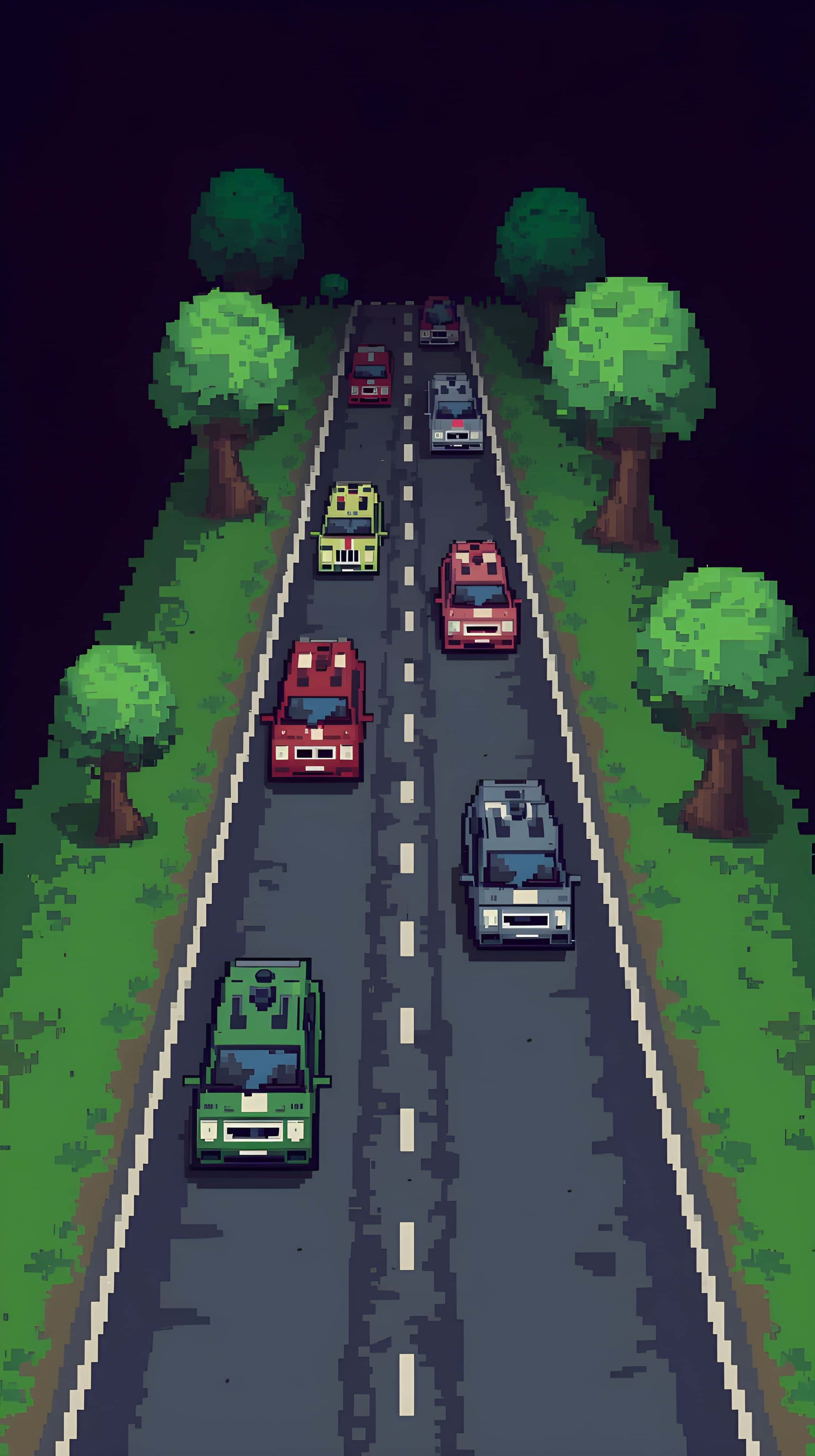 pixel car night, nighttime highway, colorful cars, 4K Phone Wallpaper