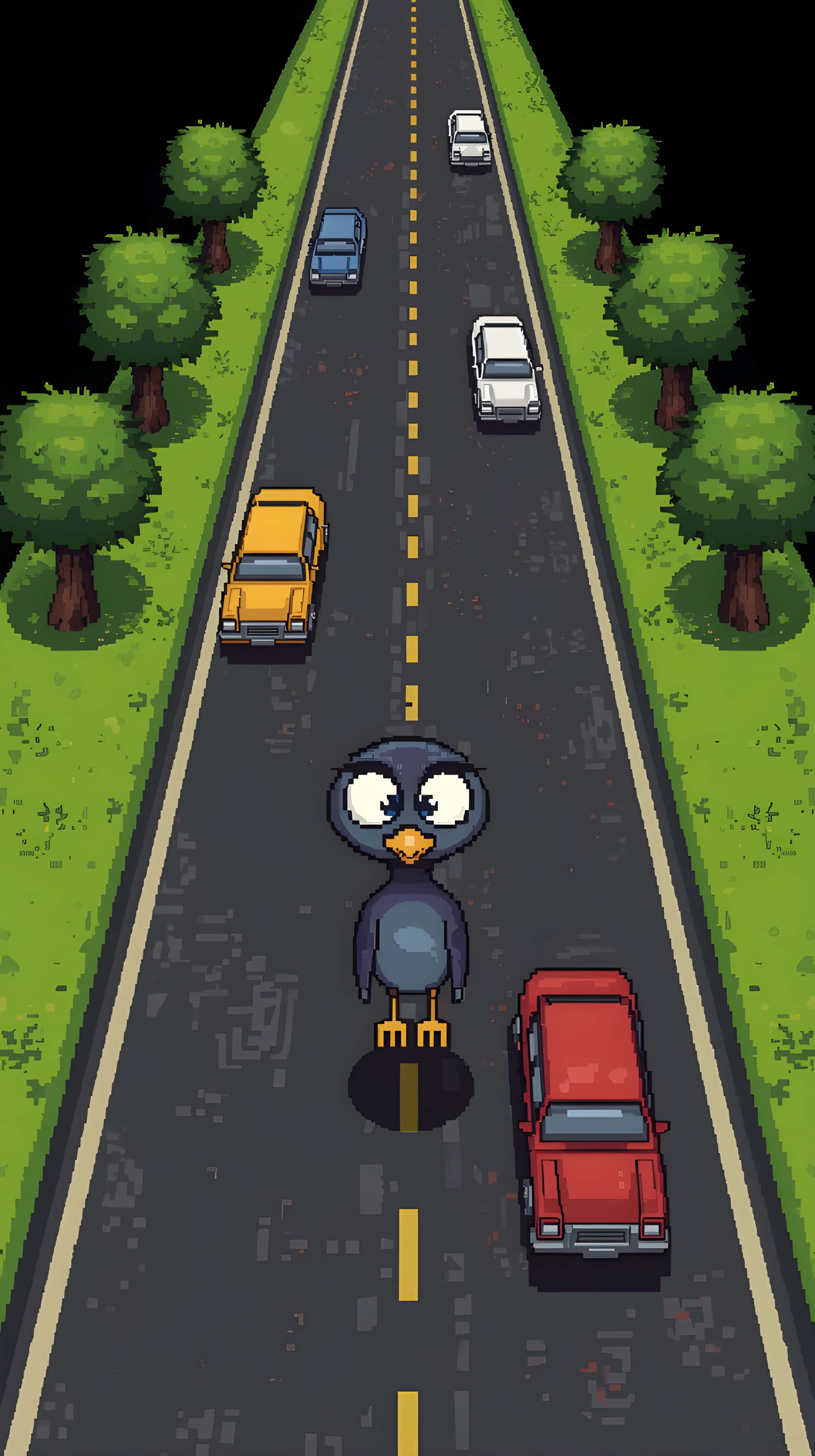 pixelated bird, two-lane road, cars, 4K Phone Wallpaper