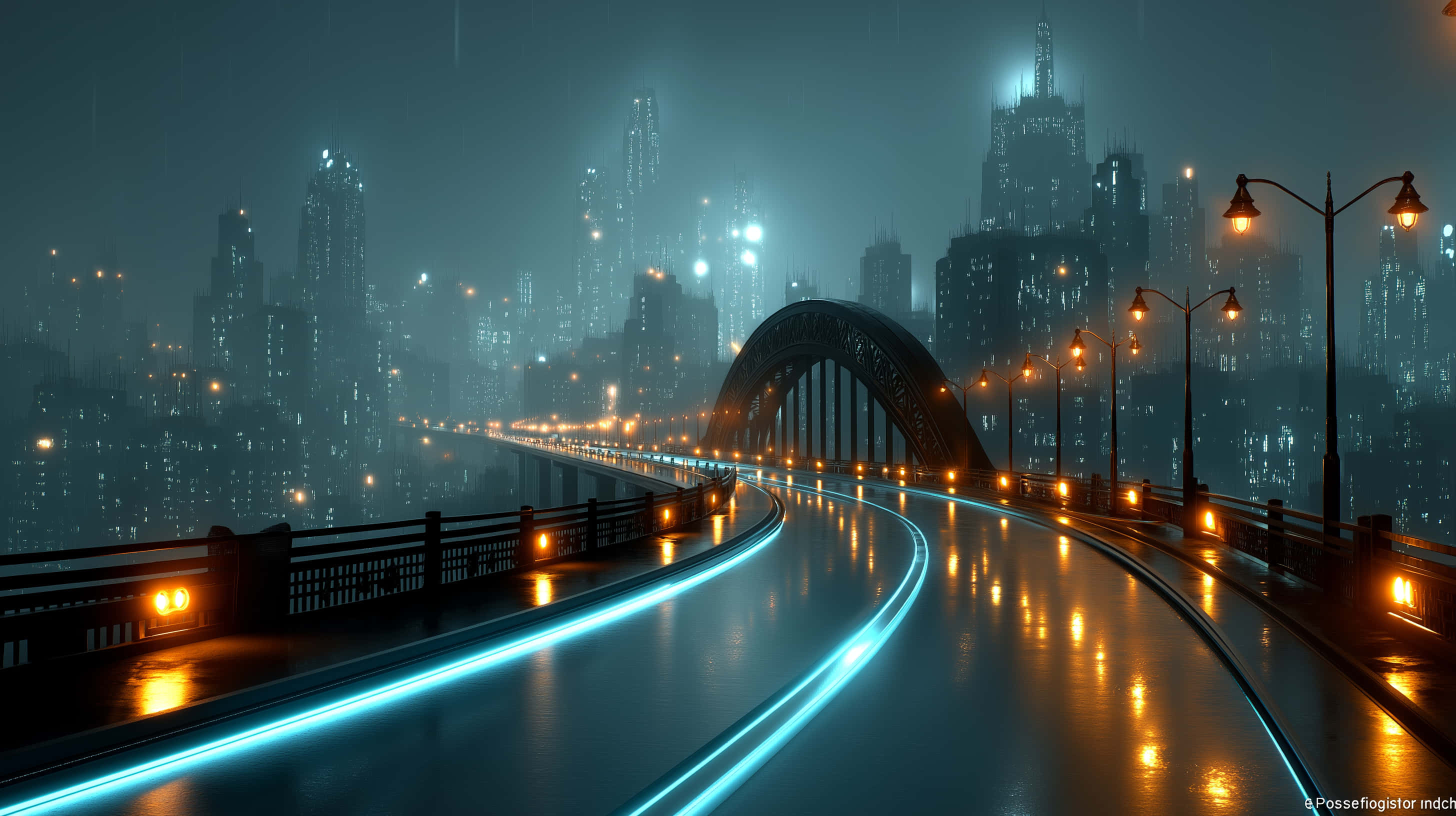 luminous paths, glowing blue lines, warm streetlights, 2K Desktop Wallpaper
