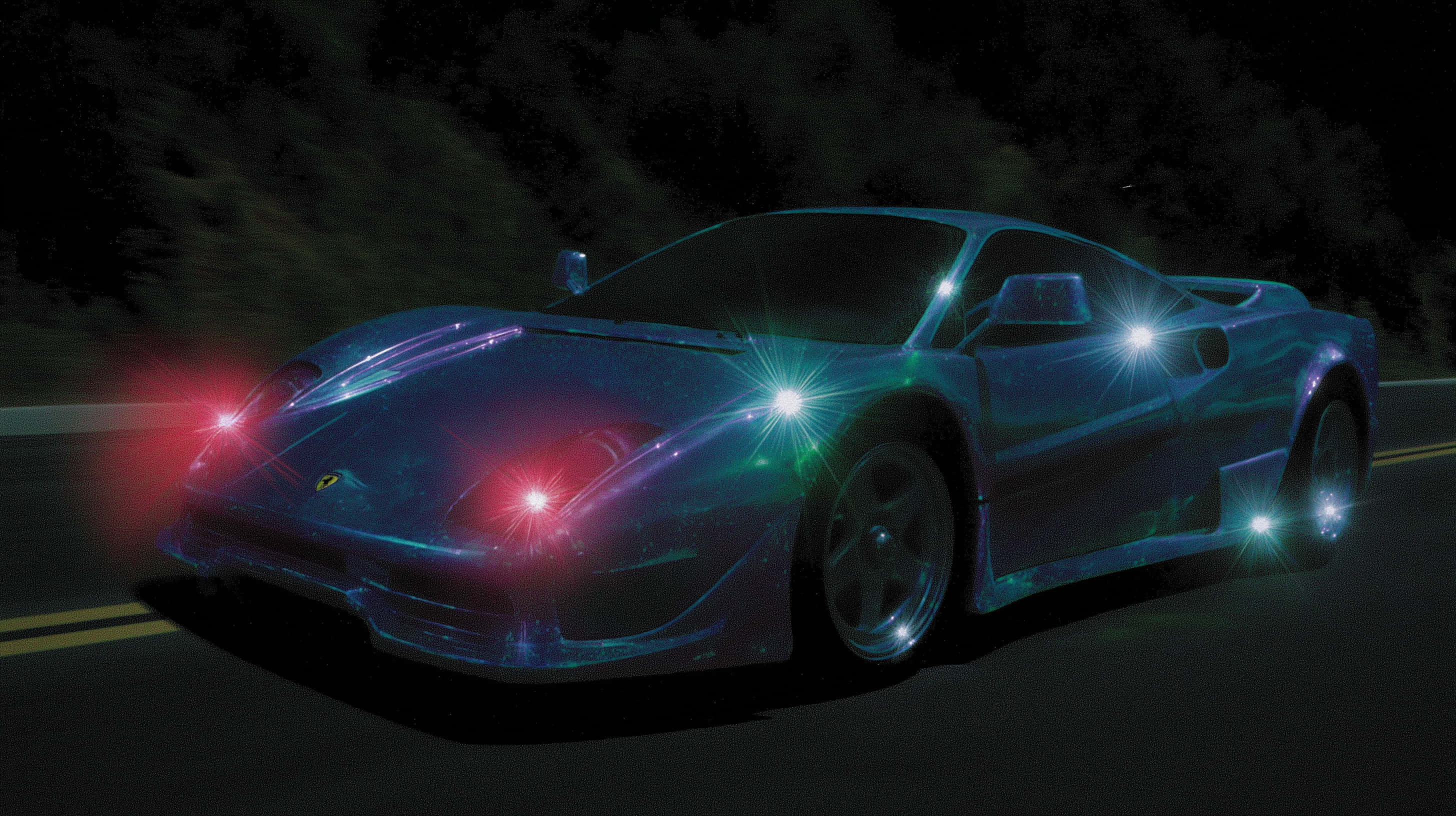 blue sports car, neon lights, dark road, 2K Desktop Wallpaper