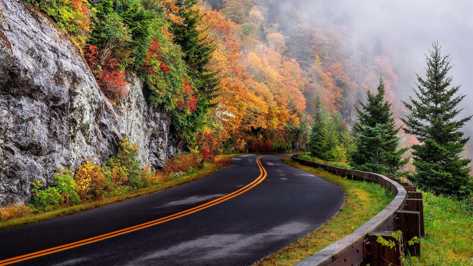 highway, mountain slope, misty forest, Full HD Desktop Wallpaper