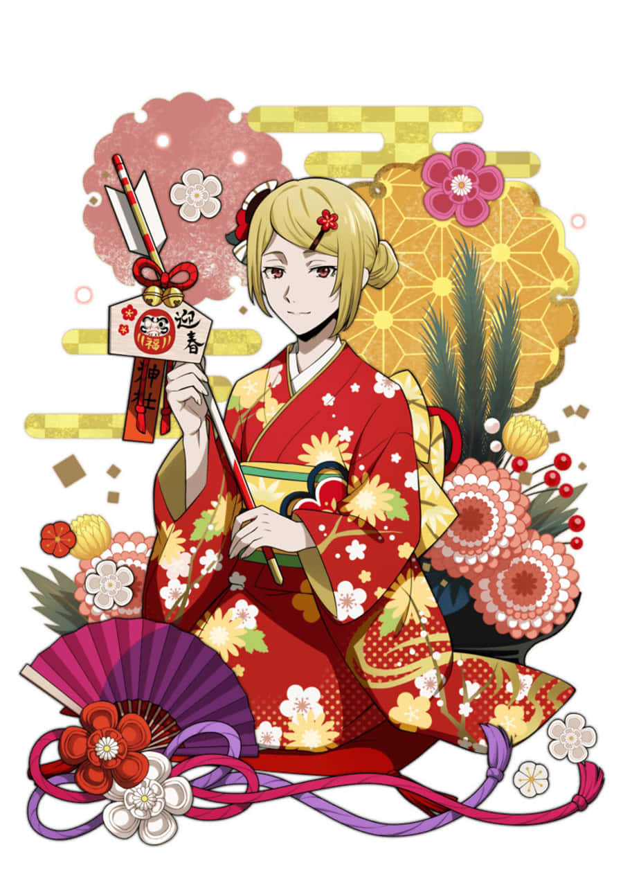 Higuchi Ichiyo, anime girl, red floral kimono, SD Phone Wallpaper