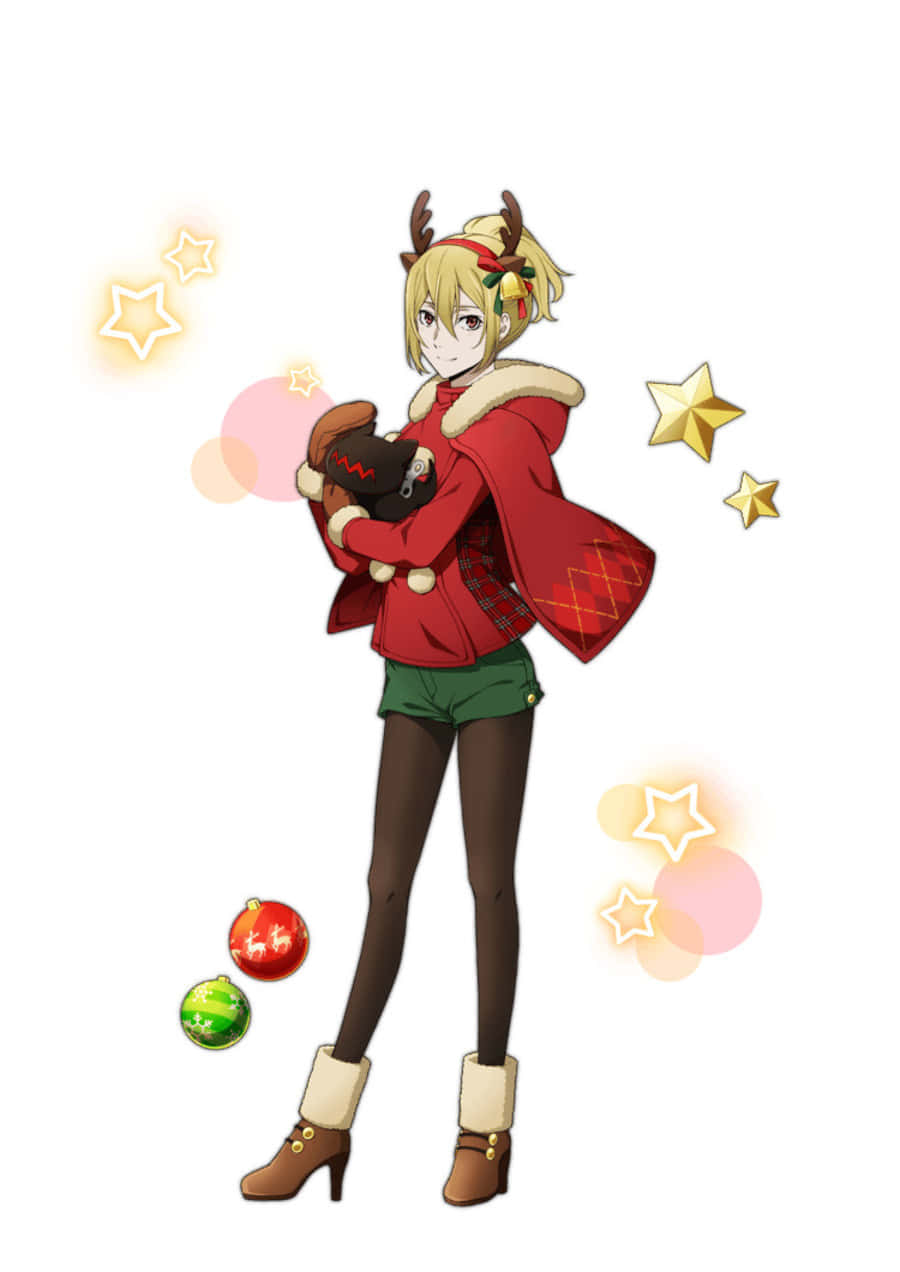Higuchi Ichiyo, red reindeer-themed outfit, plush toy, SD Phone Wallpaper