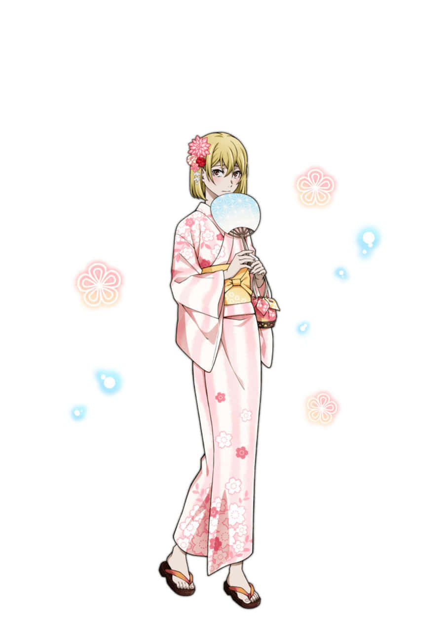 Higuchi Ichiyo, pink floral kimono, blue fan, SD Phone Wallpaper