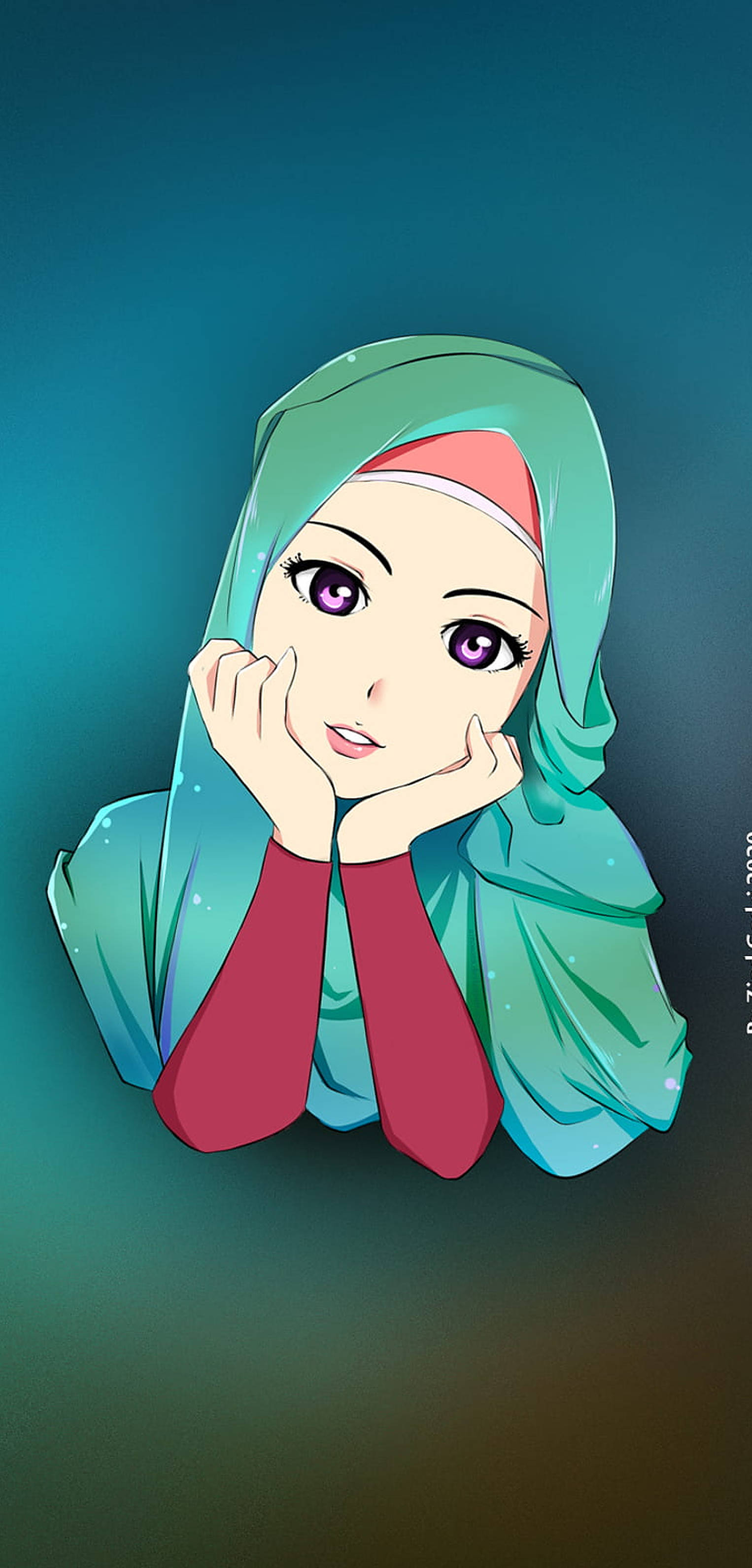 green hijab cartoon, anime girl, purple eyes, 2K Phone Wallpaper