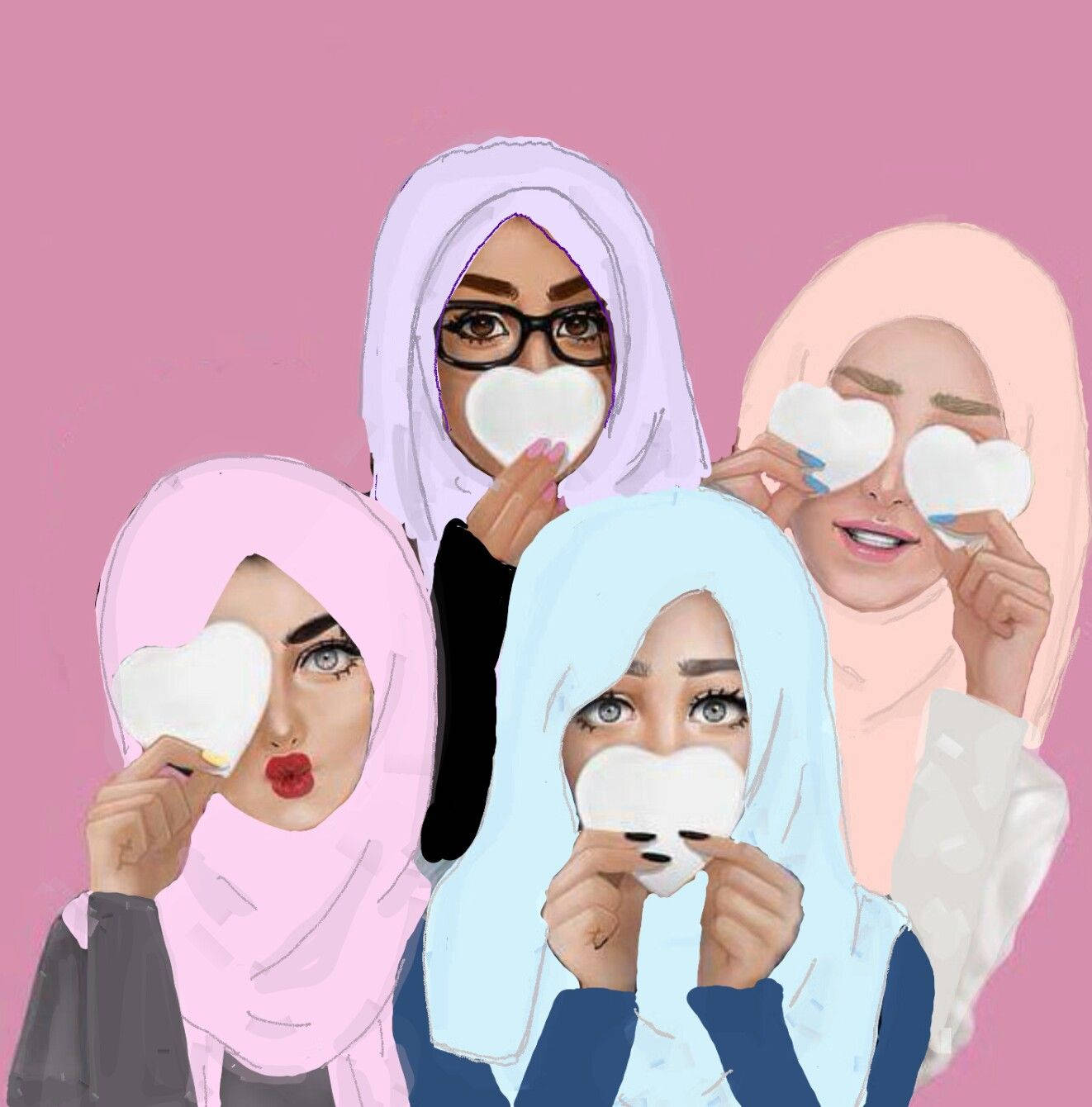 Hijab Girls Graphic Artwork, colorful hijabs, white heart cutouts, HD Phone Wallpaper