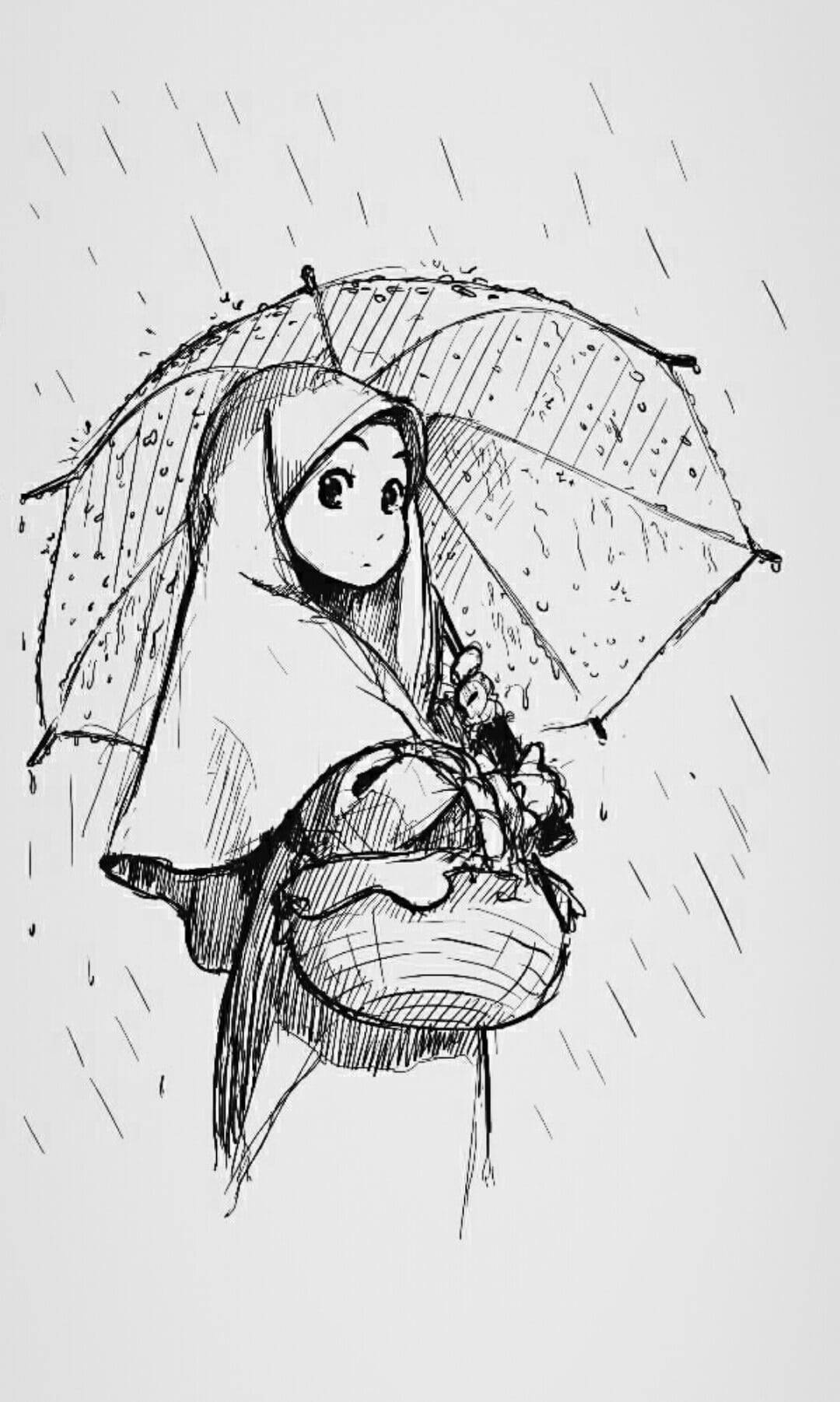 cartoon hijab sketch girl, hooded cloak, umbrella, HD Phone Wallpaper