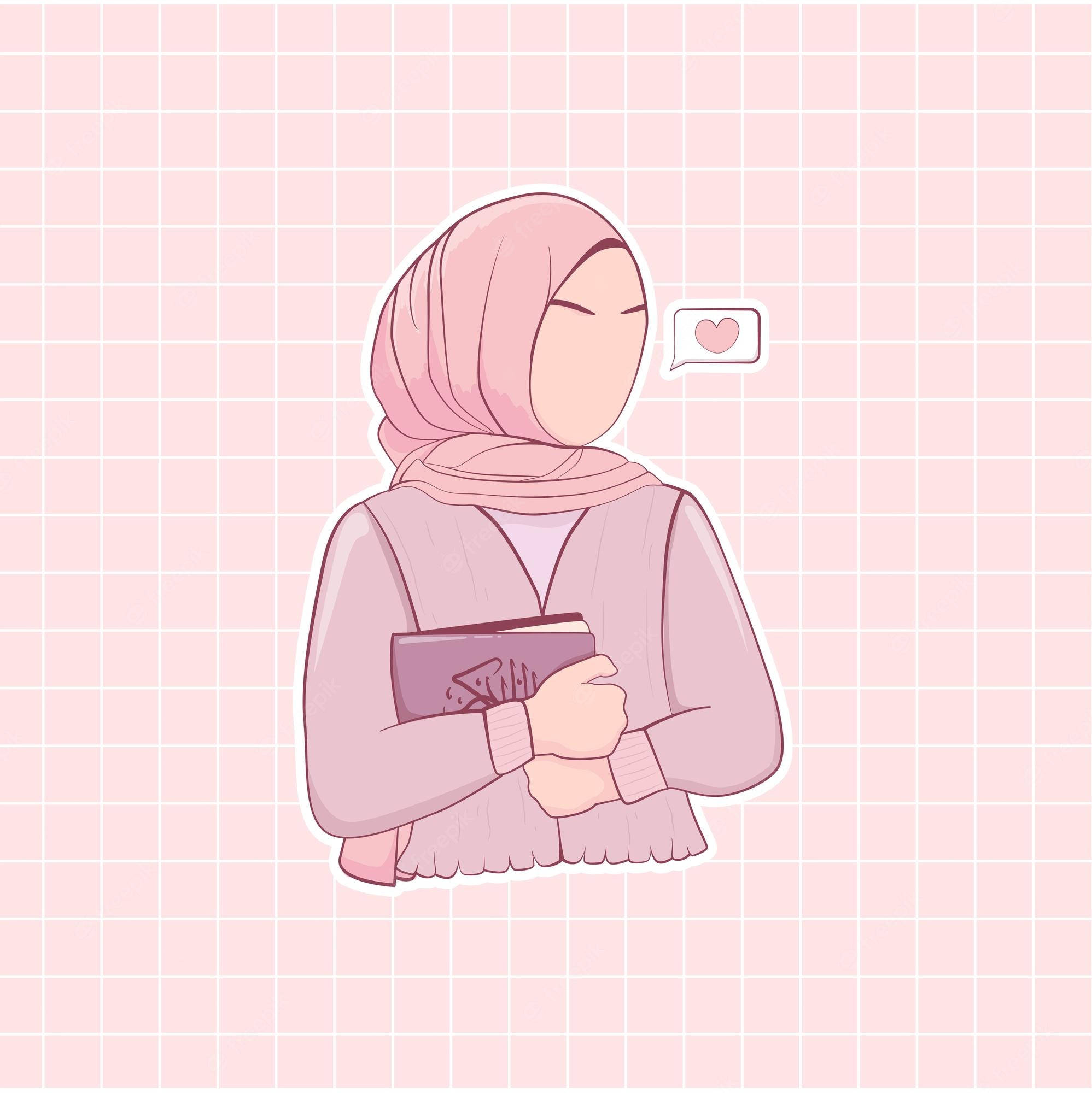 pink hijab, book with a heart speech bubble, soft pink grid background, Full HD Phone Wallpaper