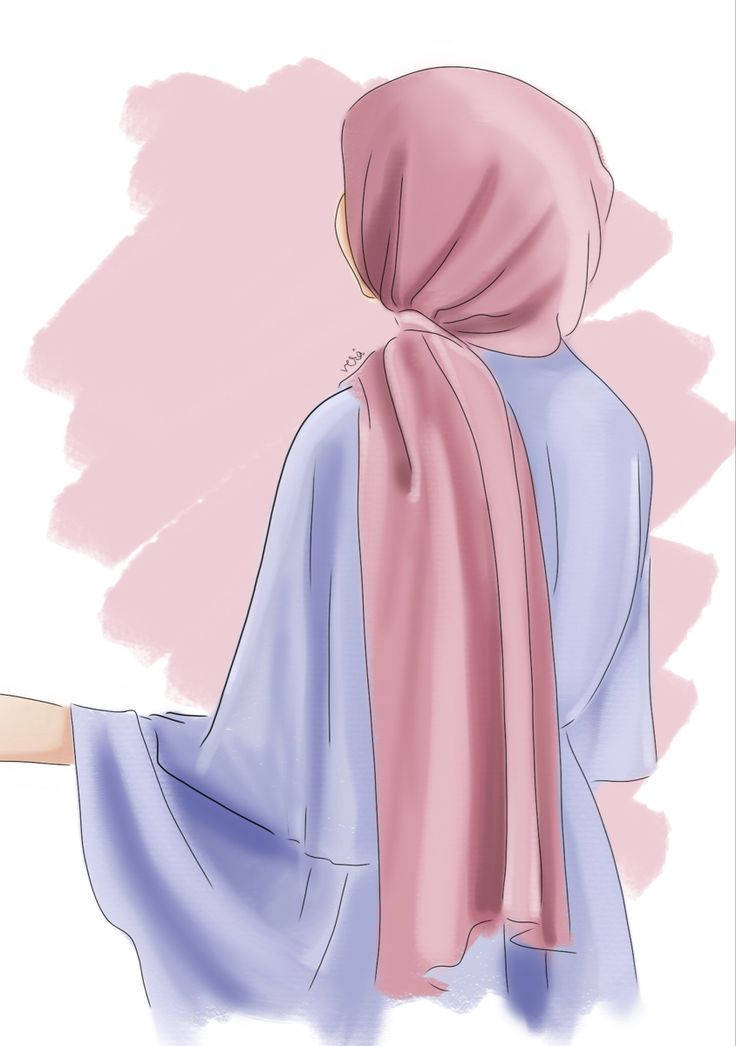 pink hijab, blue robe, soft pink watercolor background, SD Phone Wallpaper