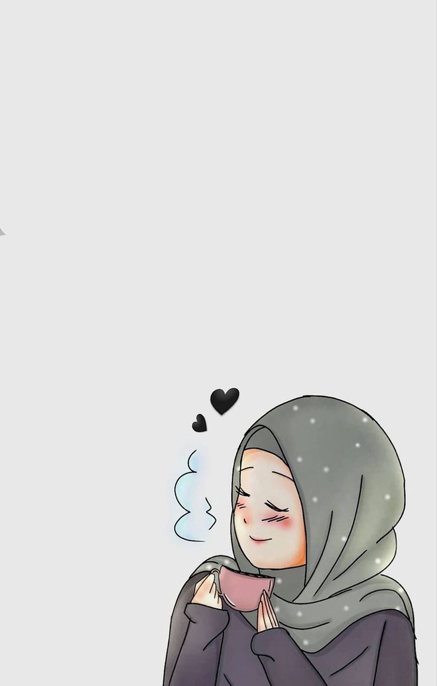 hijab cartoon girl, grey hijab, pink mug, Full HD Phone Wallpaper