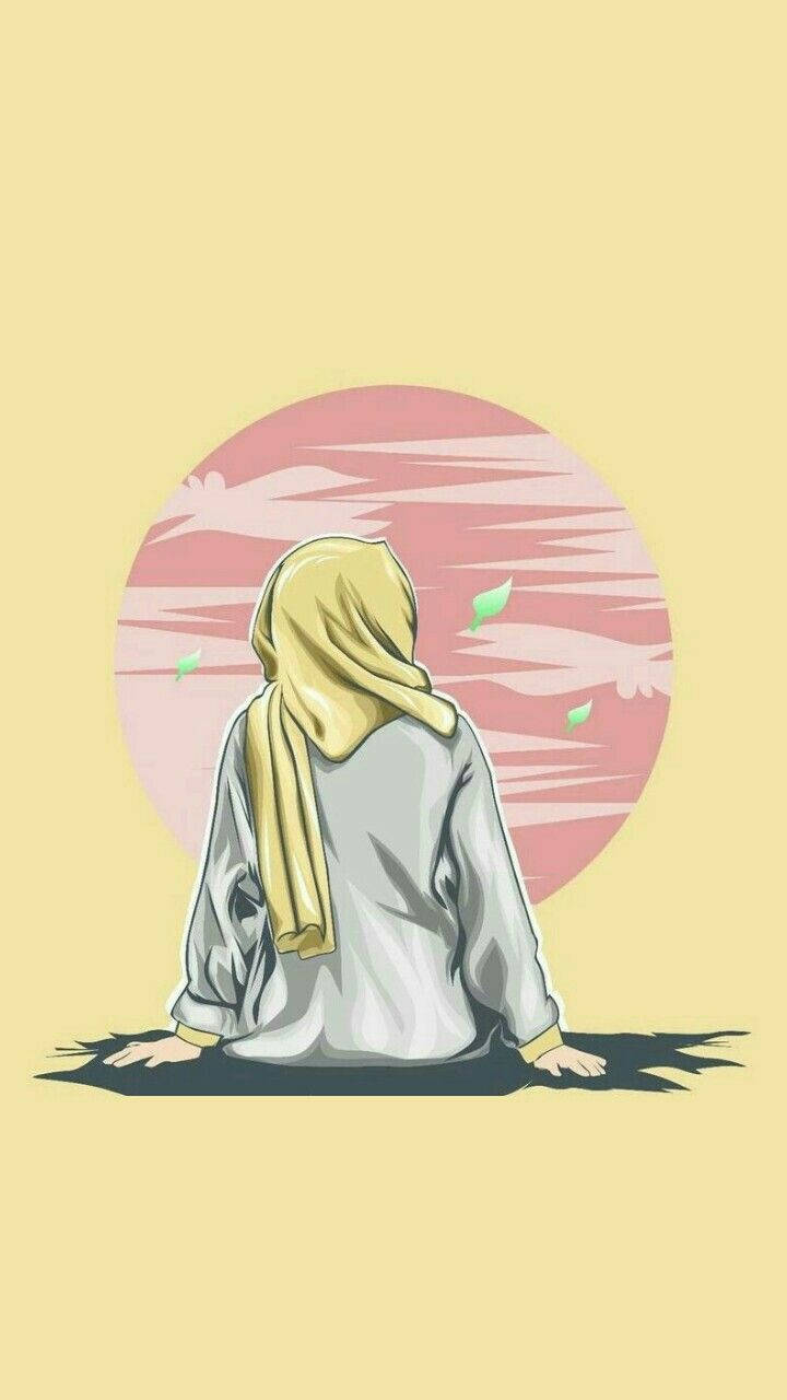 yellow hijab, stylized pink sun, falling leaves, HD Phone Wallpaper