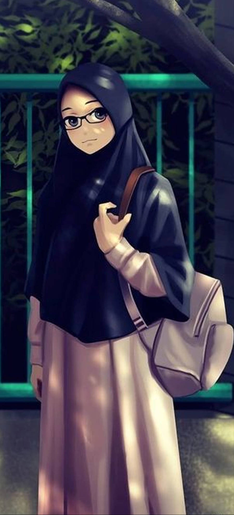 hijab cartoon girl, black hijab, glasses, Full HD Phone Wallpaper