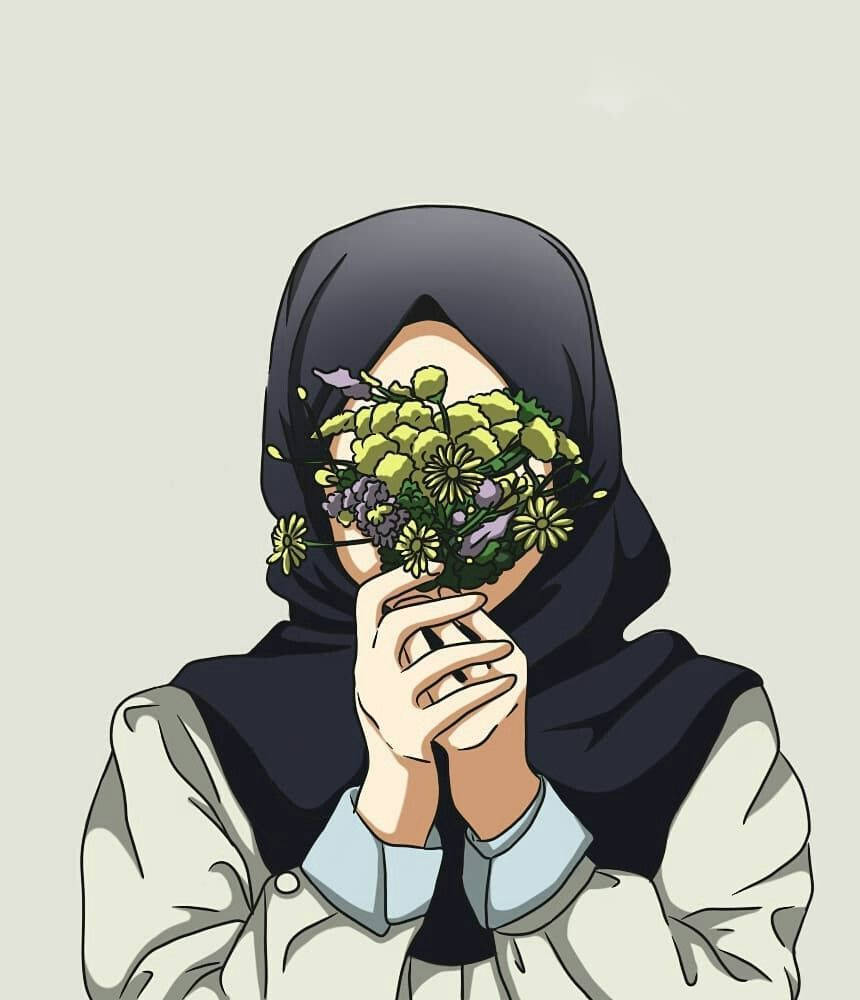 aesthetic hijab cartoon flowers, dark hijab, vibrant bouquet, SD Phone Wallpaper