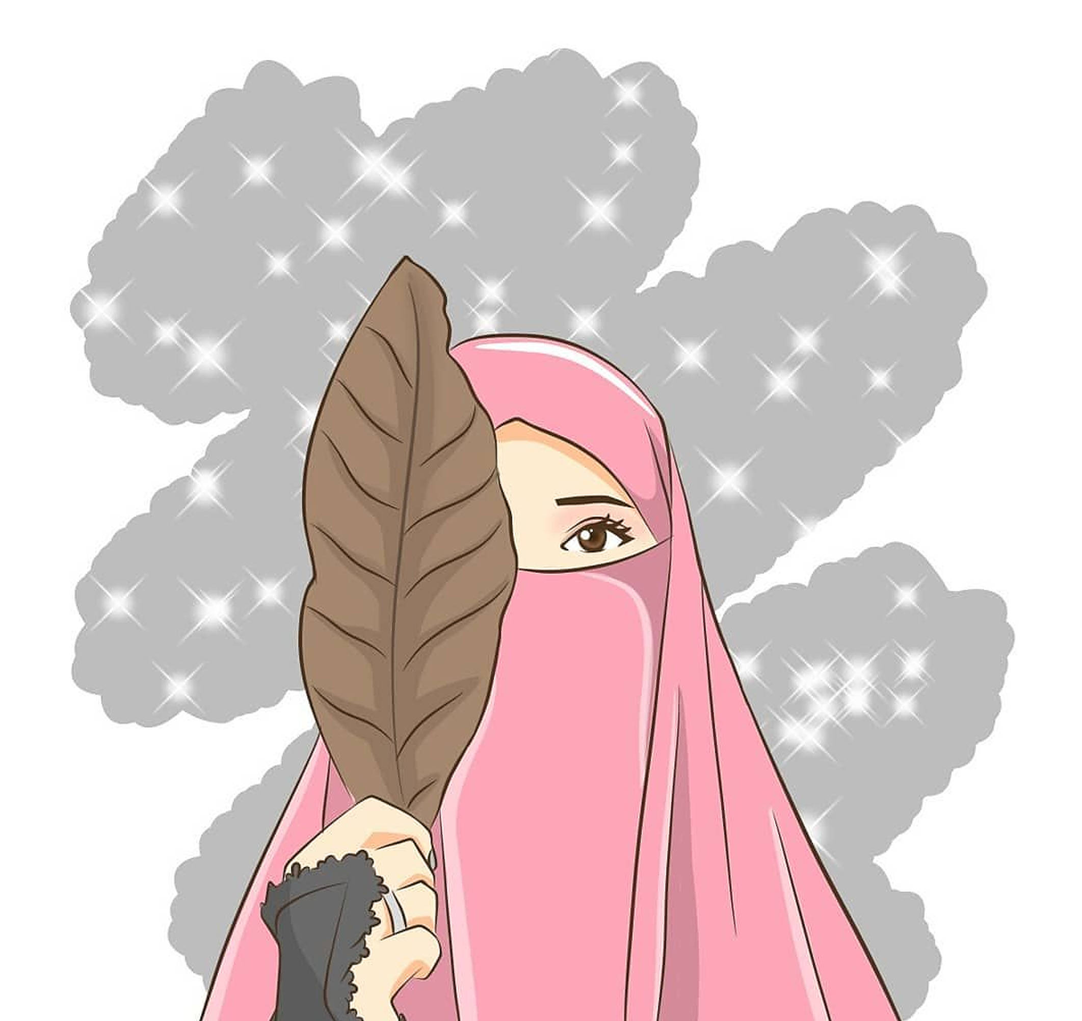 Hijab Cartoon, pink hijab, brown leaf, Full HD Desktop Wallpaper