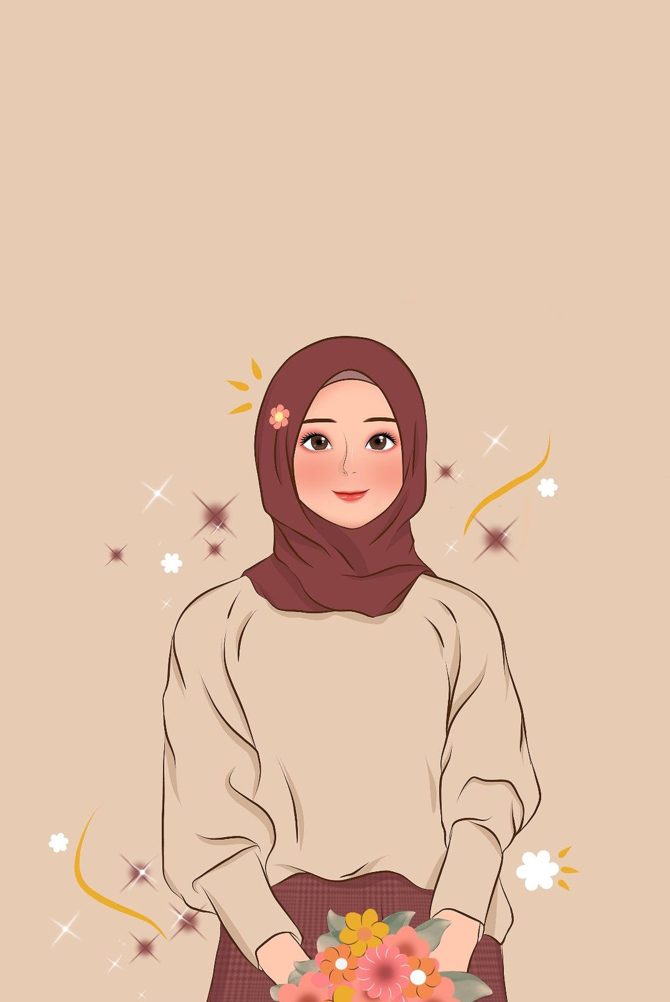 flower cartoon hijab, maroon hijab, colorful bouquet of flowers, 2K Phone Wallpaper