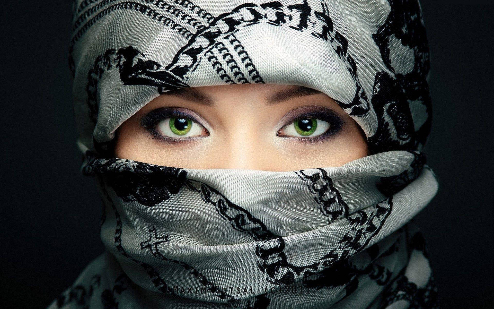 mysterious hijab girl, intense green eyes, black and white patterned headscarf, Full HD Desktop Wallpaper