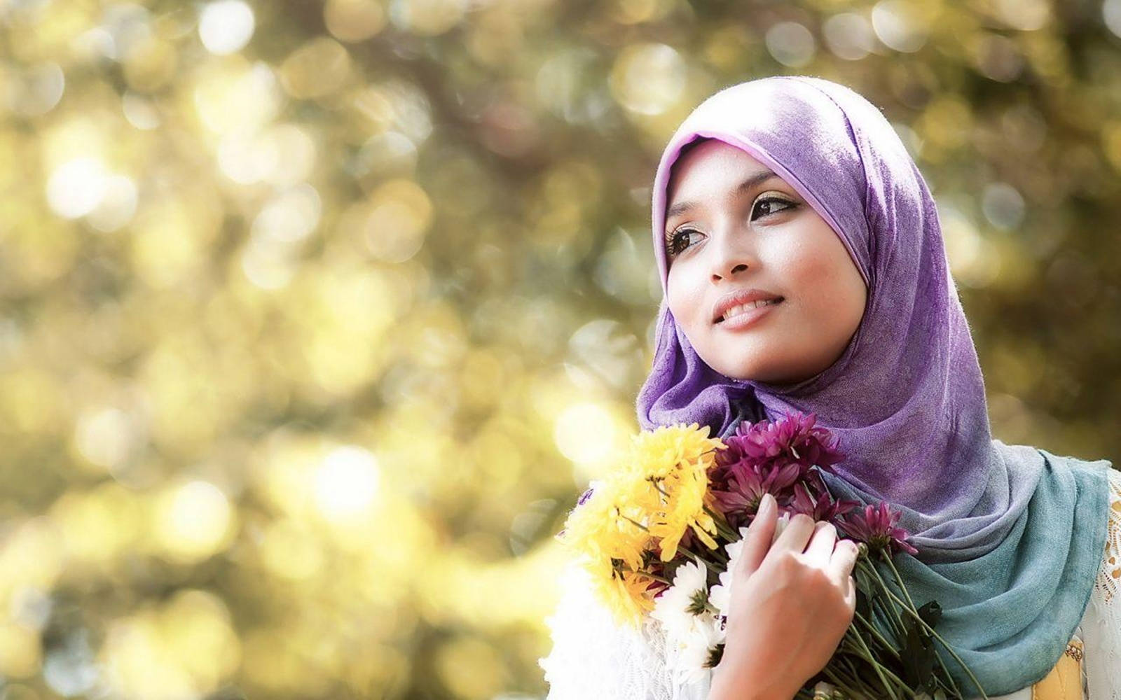 purple hijab, yellow and purple flowers, sunlit golden bokeh background, HD Desktop Wallpaper