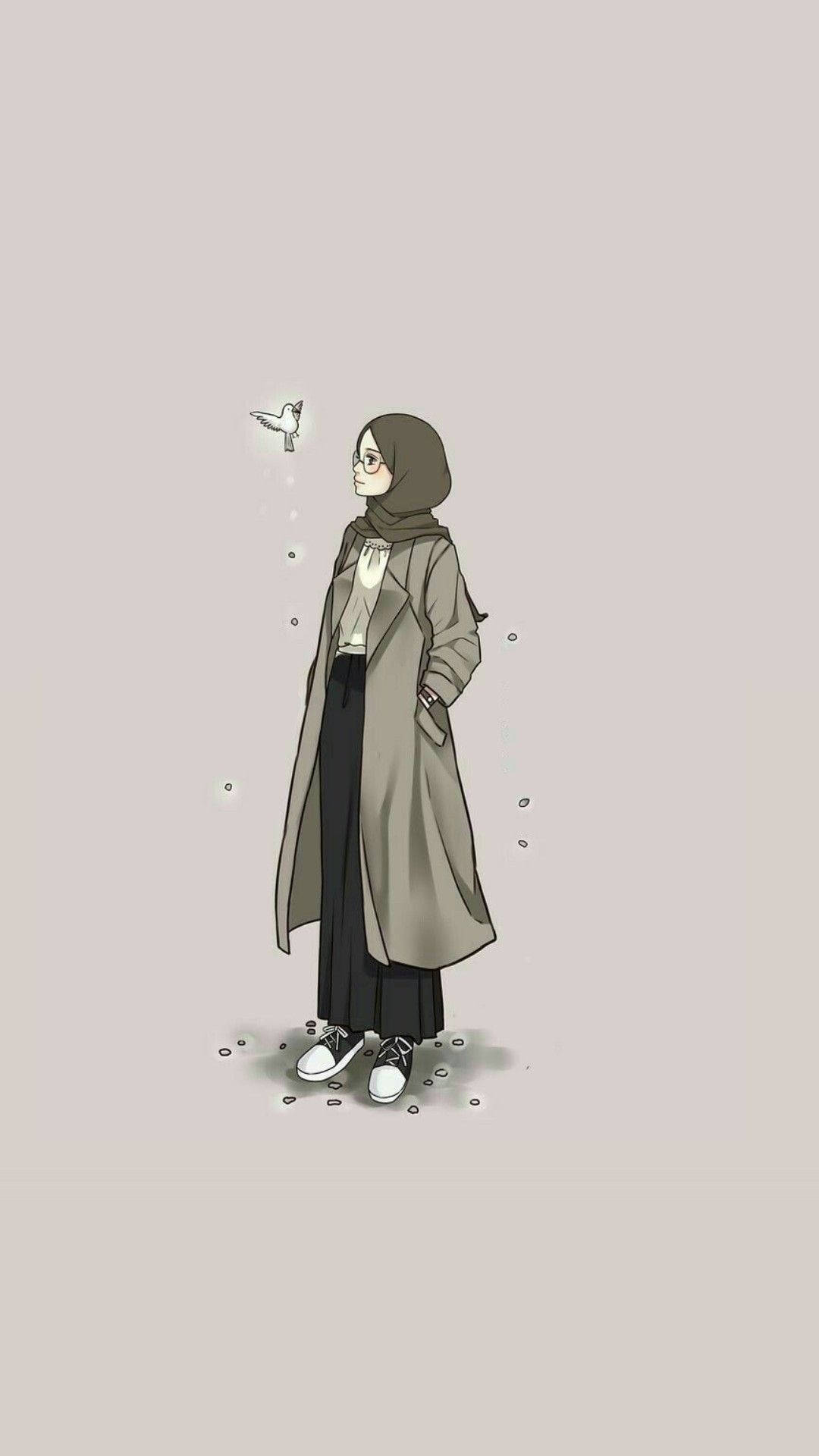 hijab, beige trench coat, white bird, Full HD Phone Wallpaper