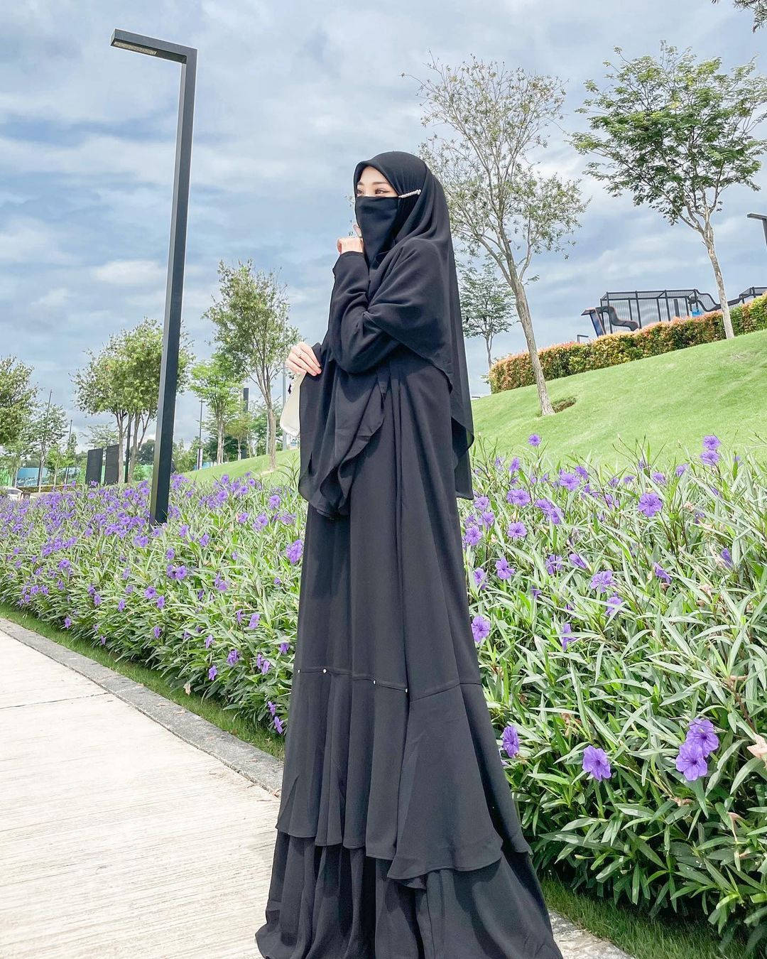 black abaya, hijab, vibrant purple flower bed, HD Phone Wallpaper