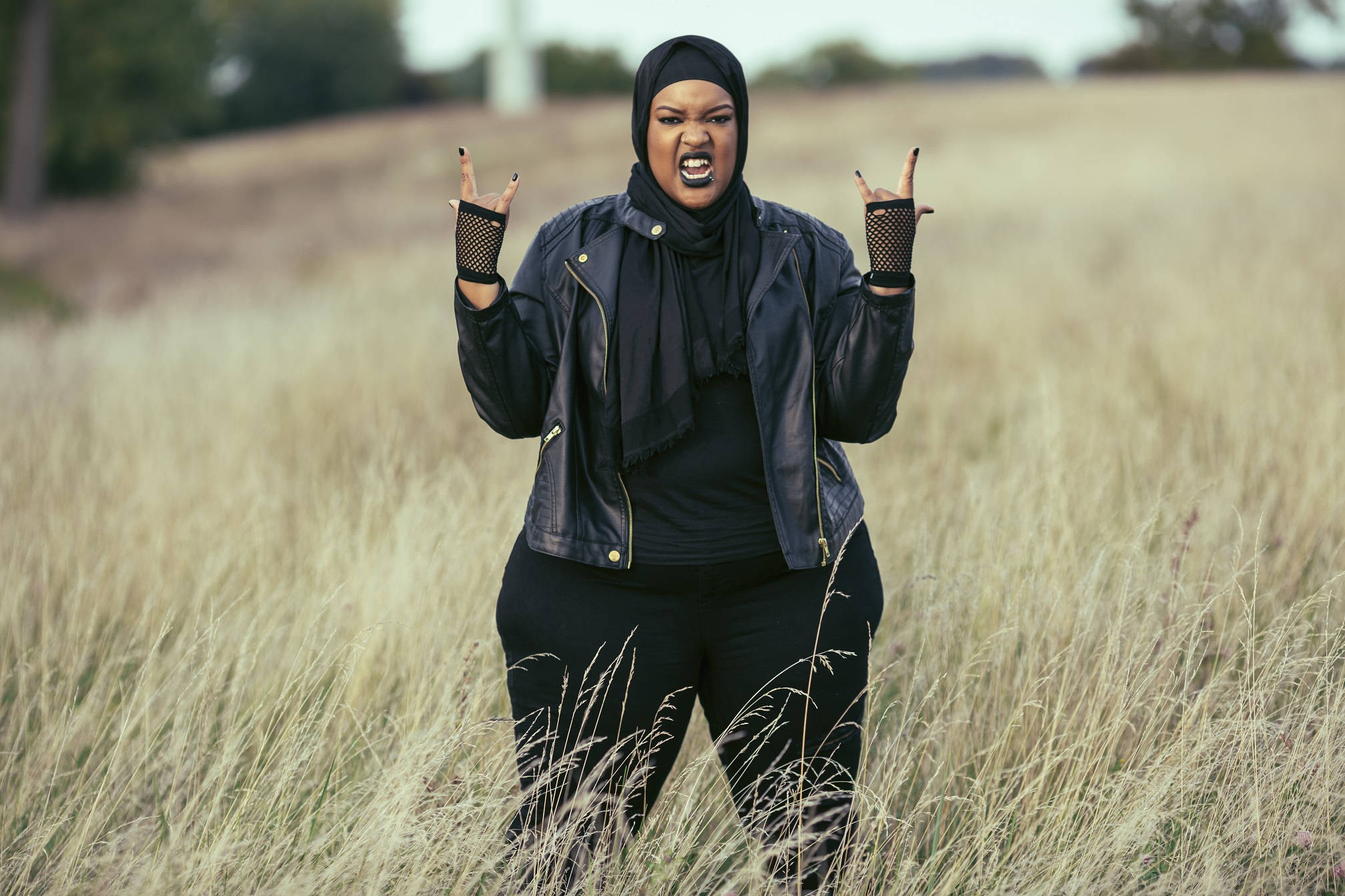 black hijab, leather jacket, tall golden grass, Full HD Desktop Wallpaper